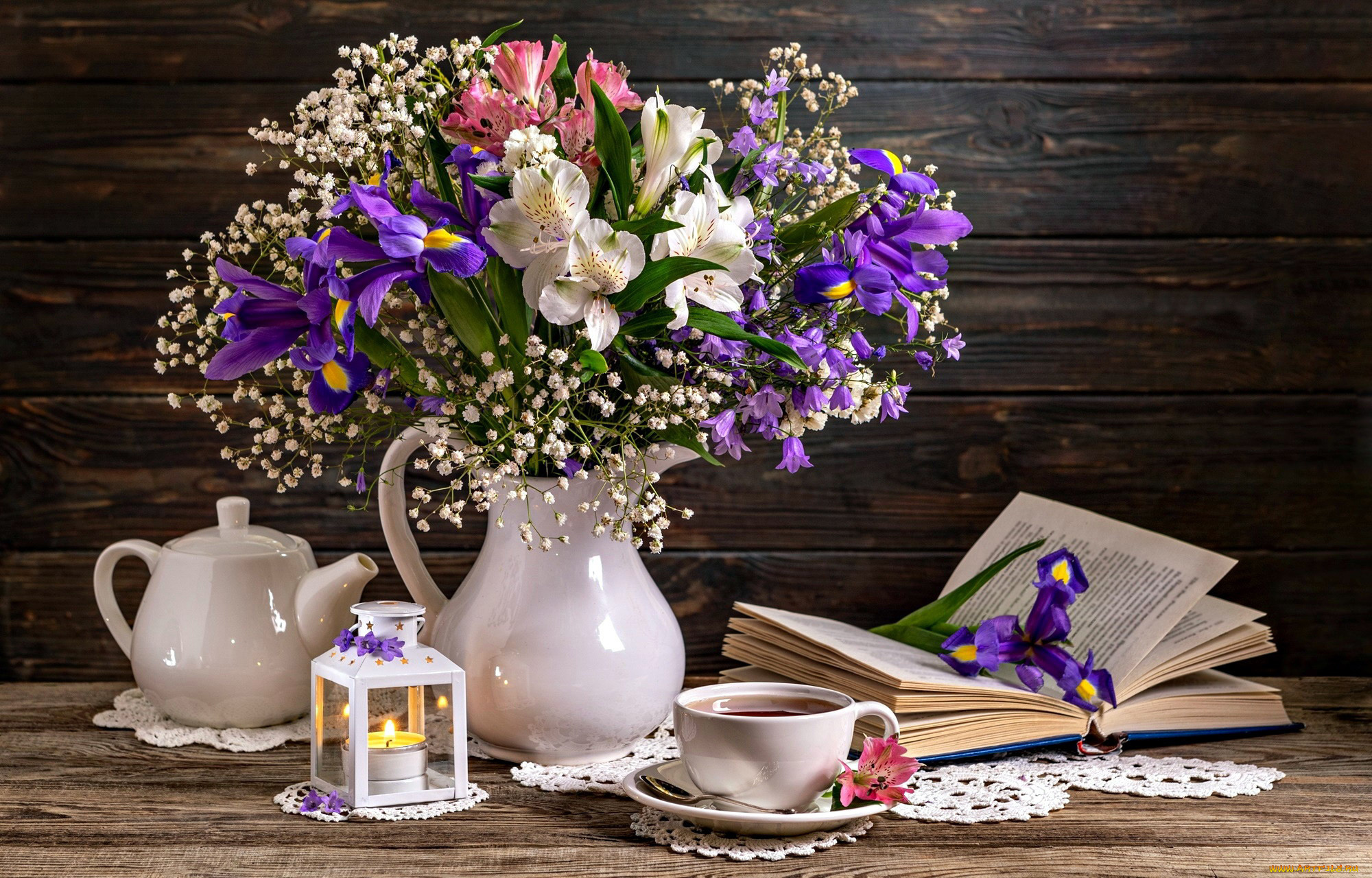 еда, натюрморт, свеча, чай, букет, книга