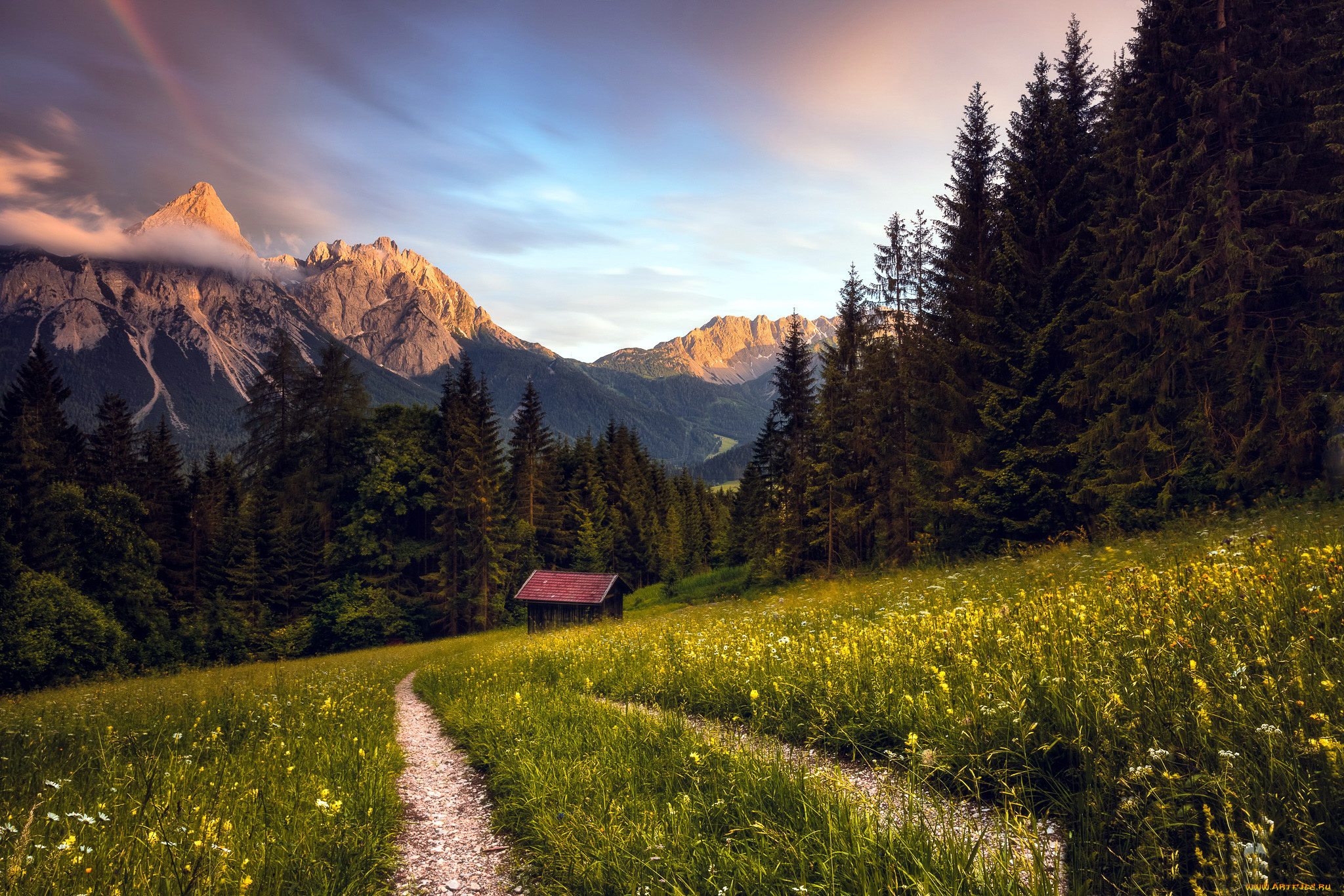 природа, дороги, горы, луг, трава, дорога