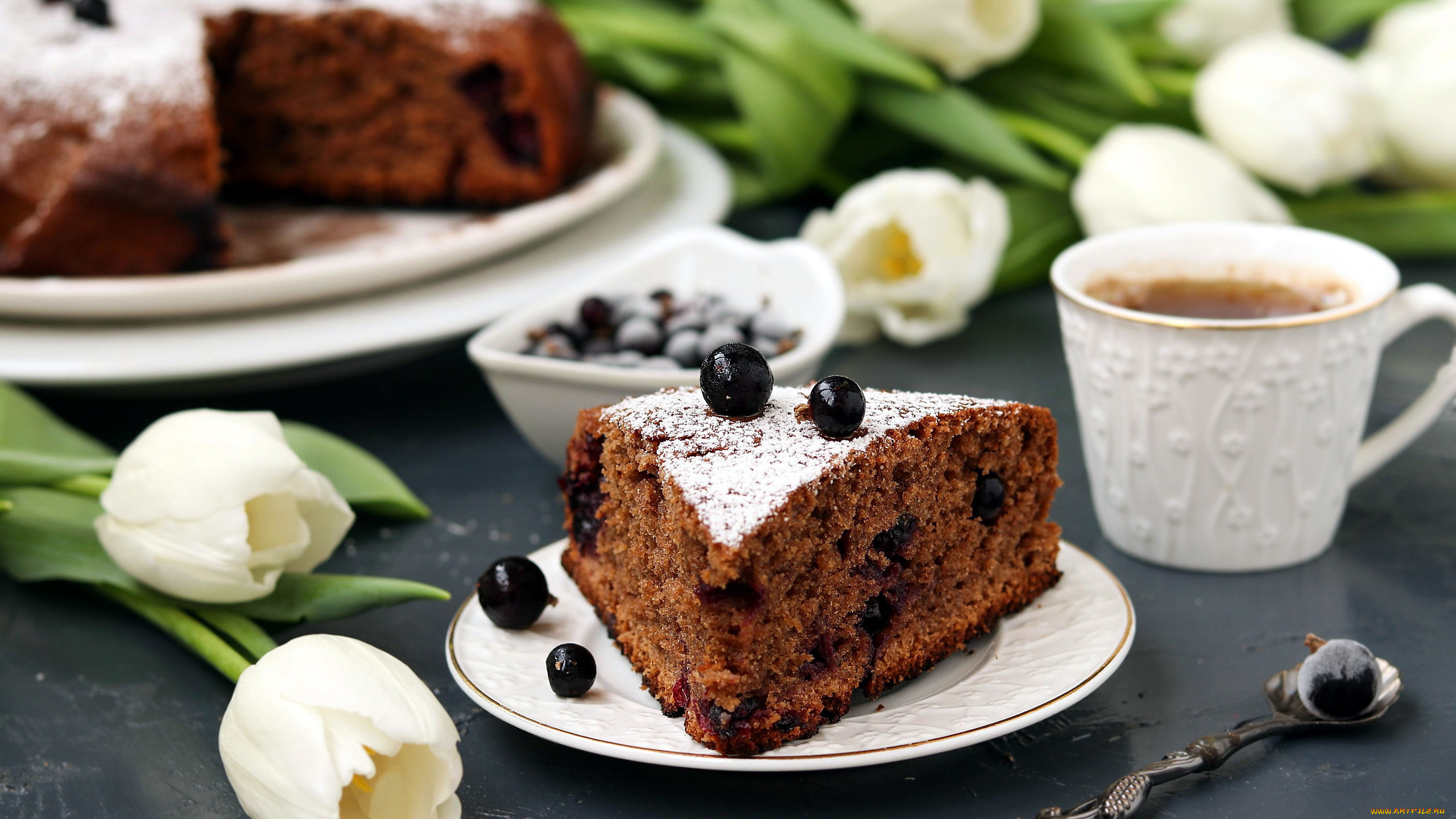 еда, пироги, тюльпаны, пирог, кофе