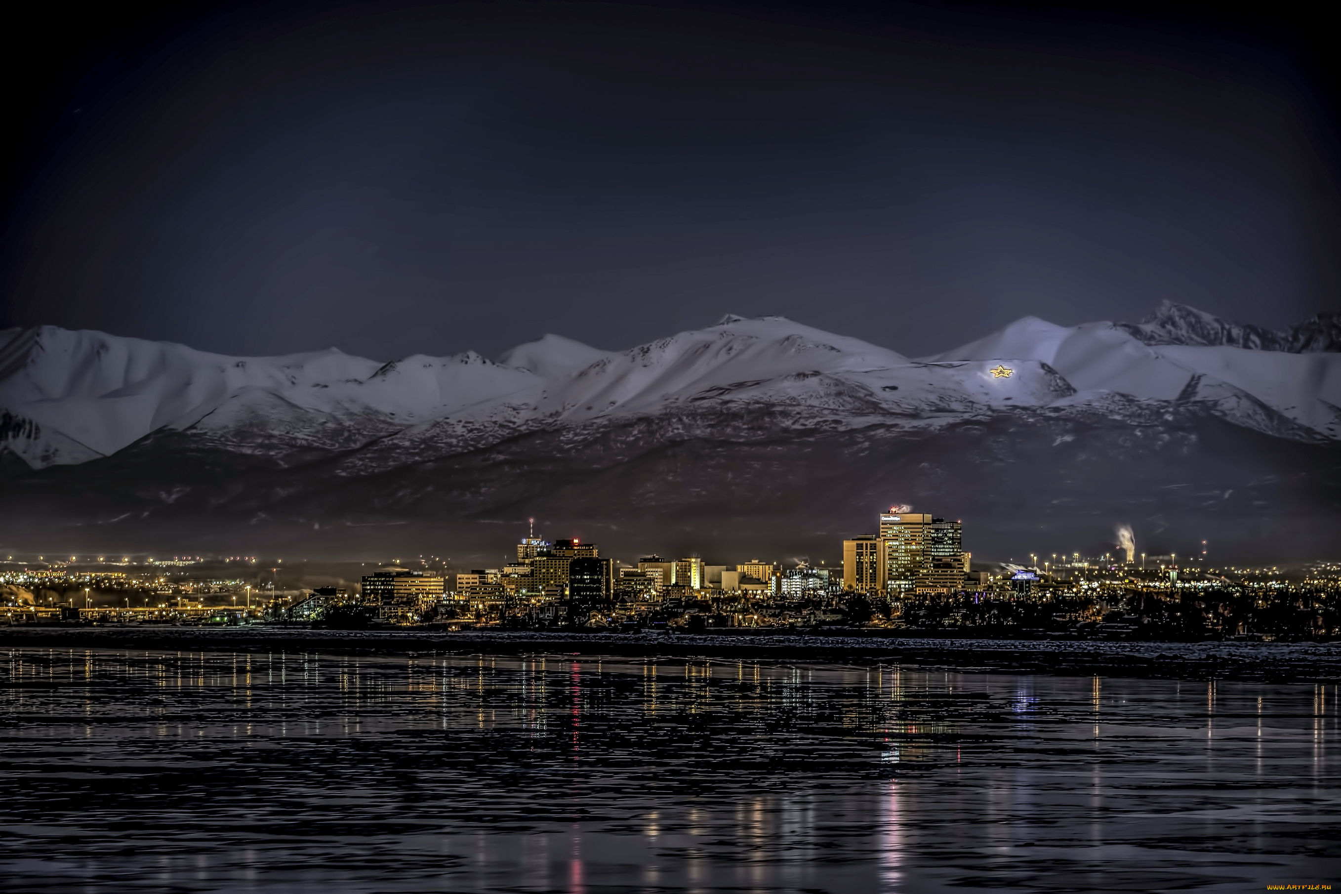 anchorage-alaska, города, -, огни, ночного, города, америка, северная, огни, горы, пейзаж, город, отражение, вечер, alaska, anchorage