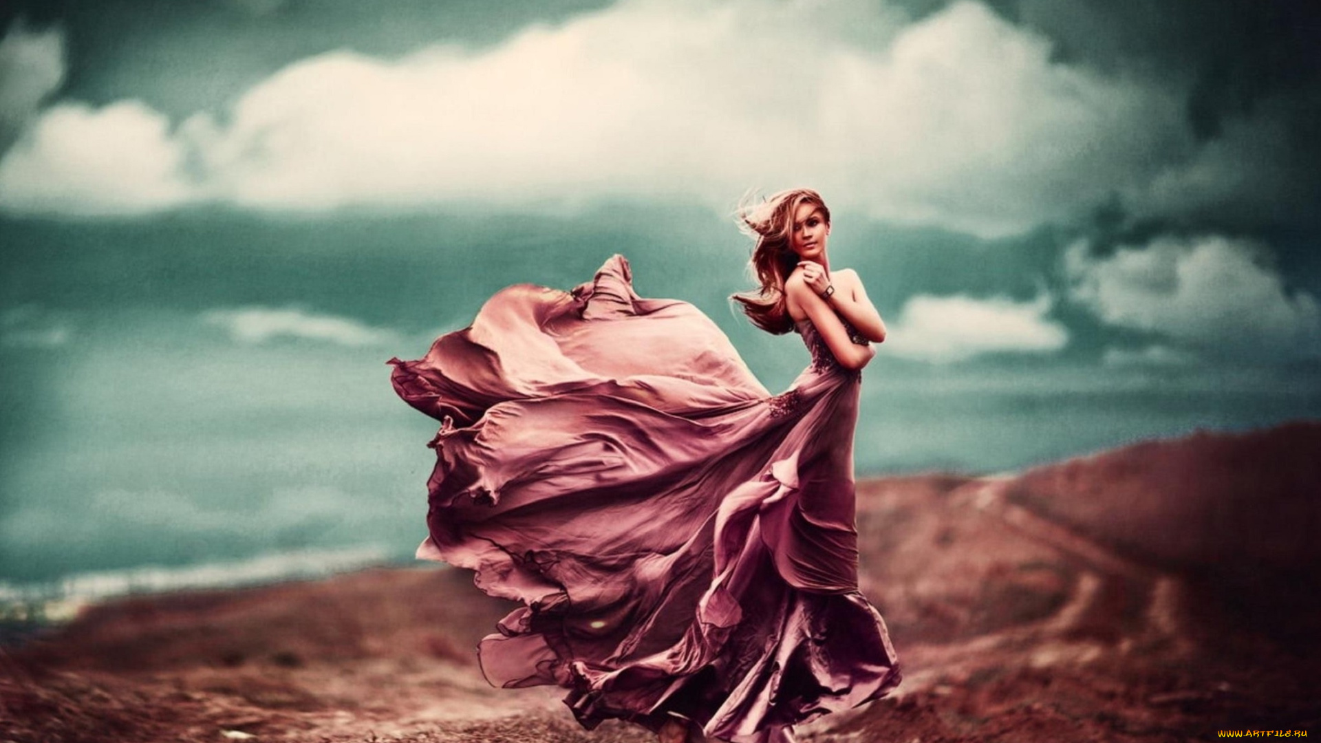 фэнтези, фотоарт, девушка, платье, ветер, облака