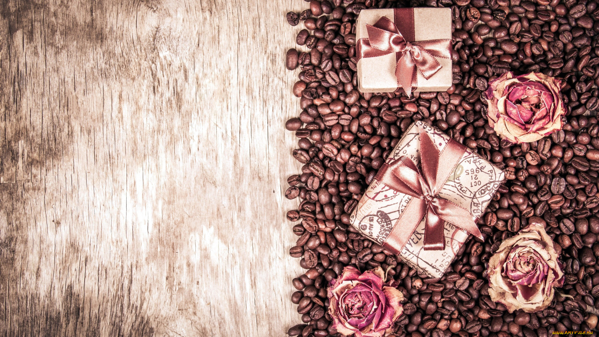 праздничные, подарки, и, коробочки, кофейные, зерна, подарки, ленты, банты