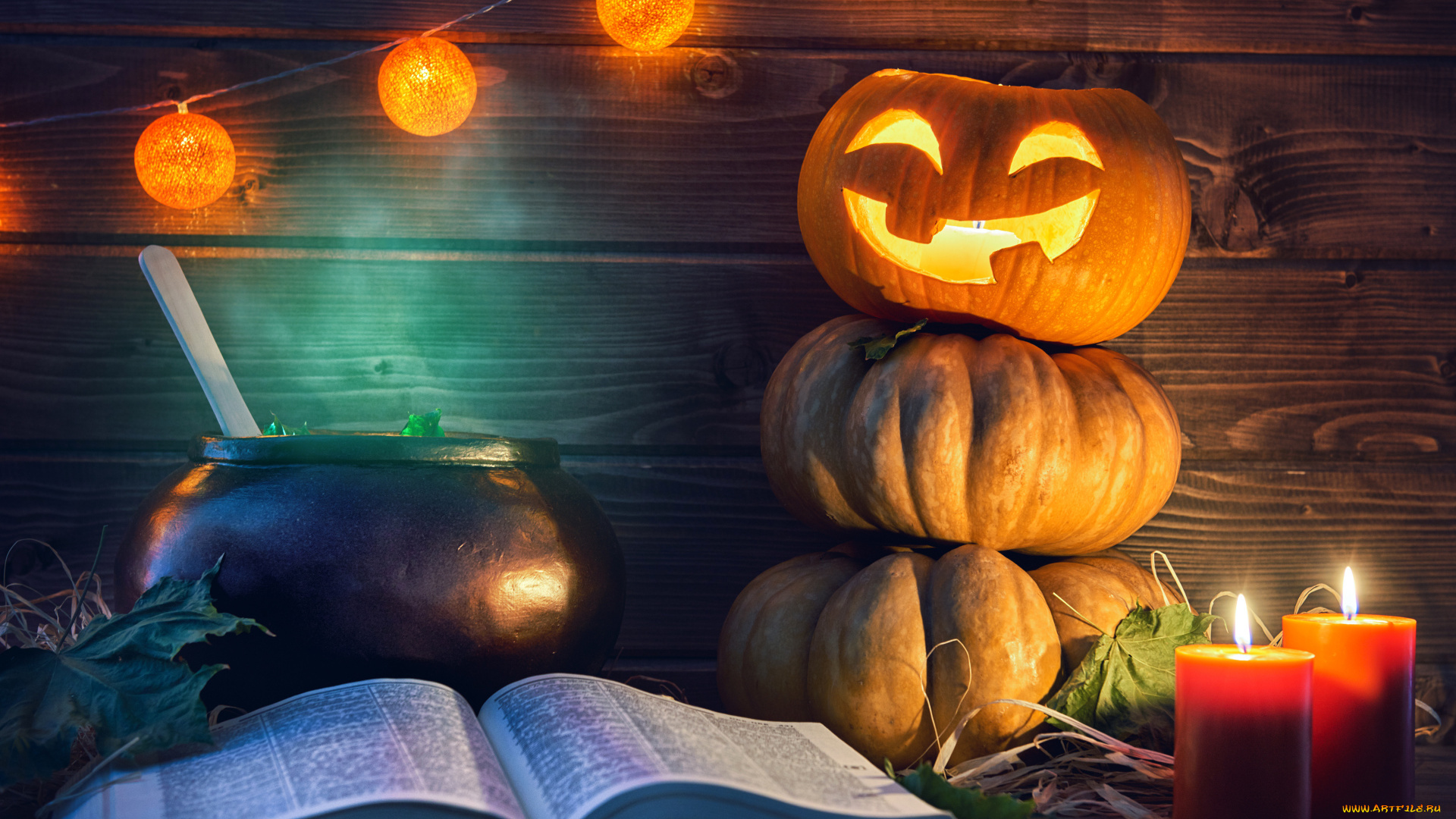 праздничные, хэллоуин, гирлянда, тыквы, котел, книга, свечи
