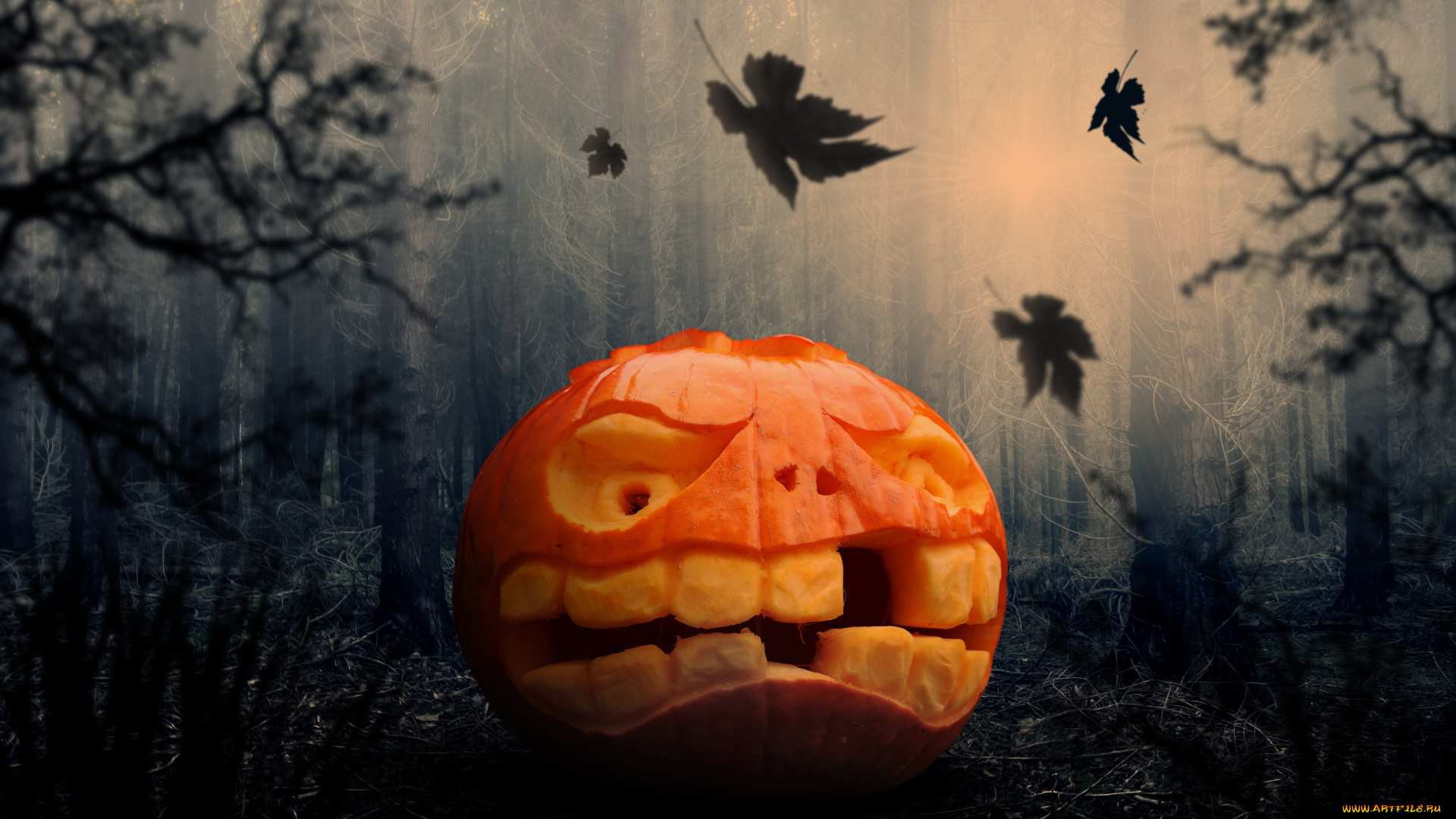 праздничные, хэллоуин, тыква, рожа, лес, осень, листья