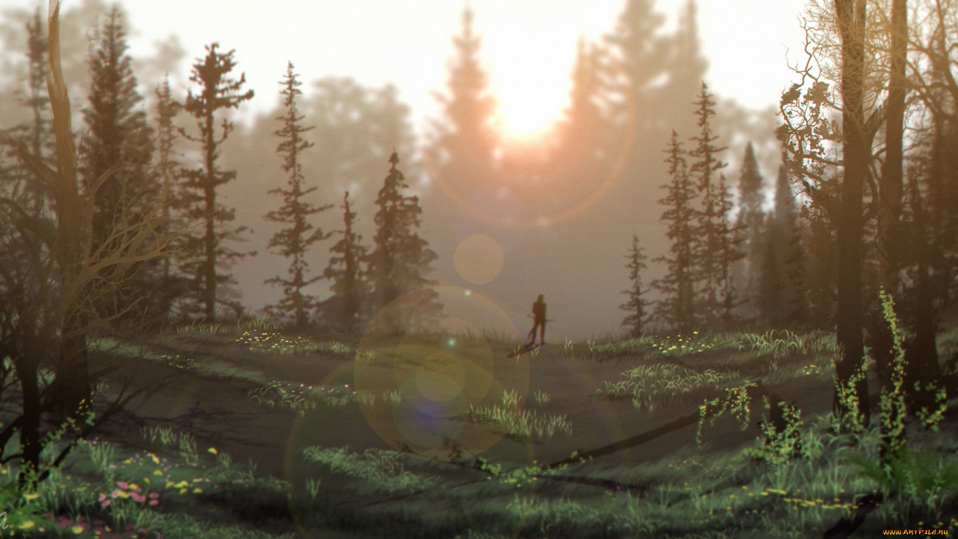 рисованное, природа, человек, лес