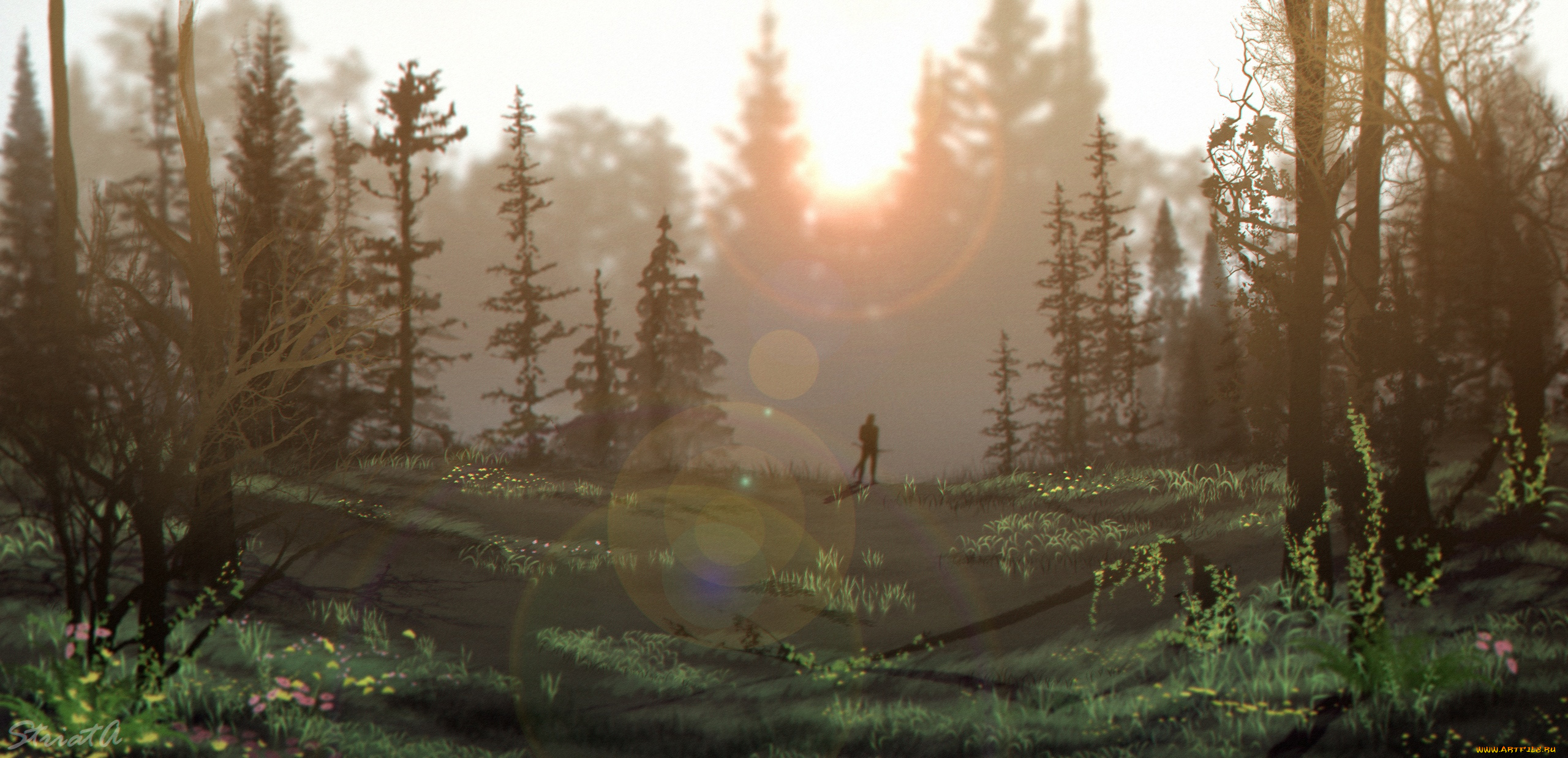 рисованное, природа, человек, лес