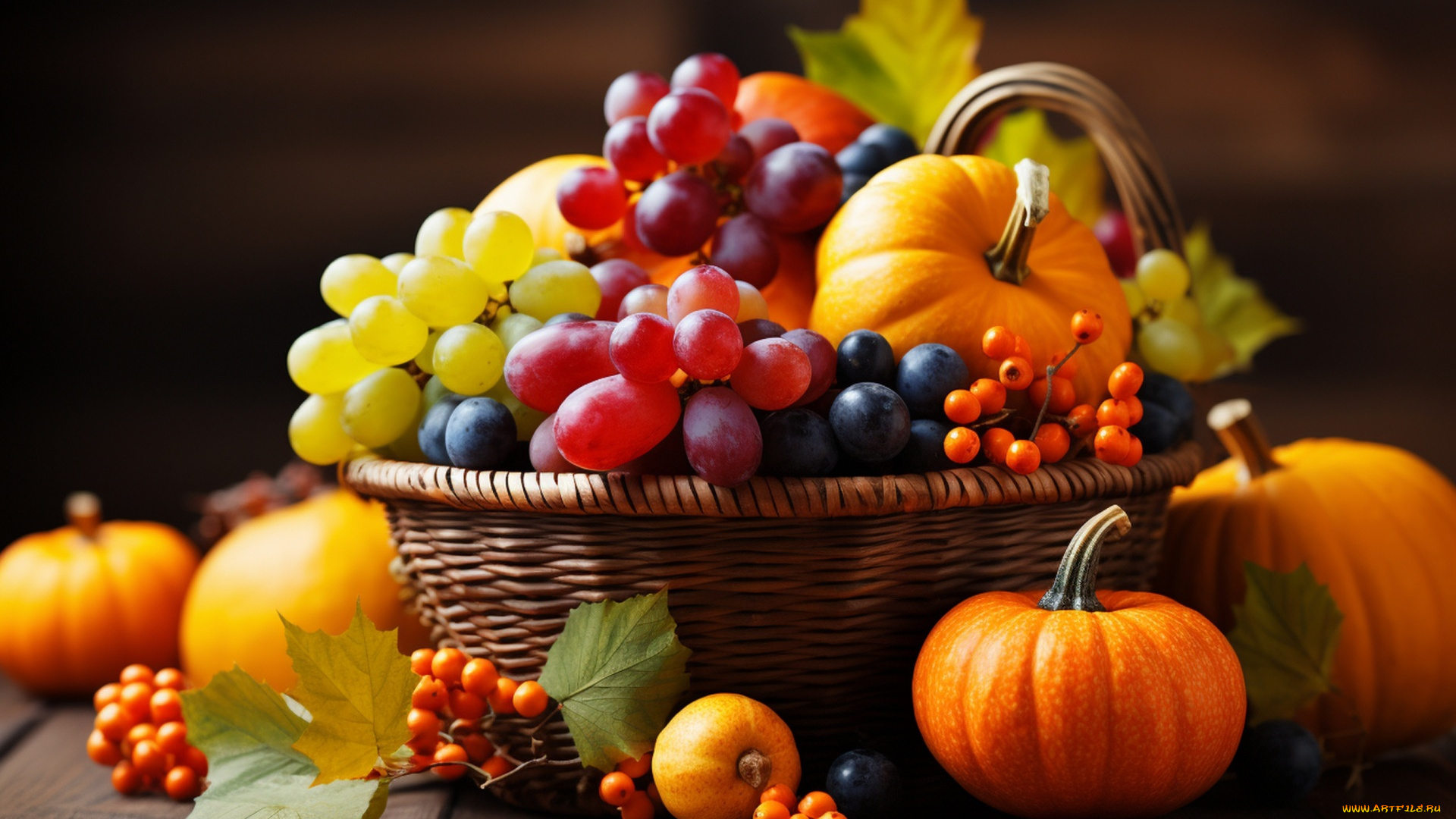 еда, фрукты, и, овощи, вместе, корзинка, кленовые, листья, виноград, тыквы, ягоды