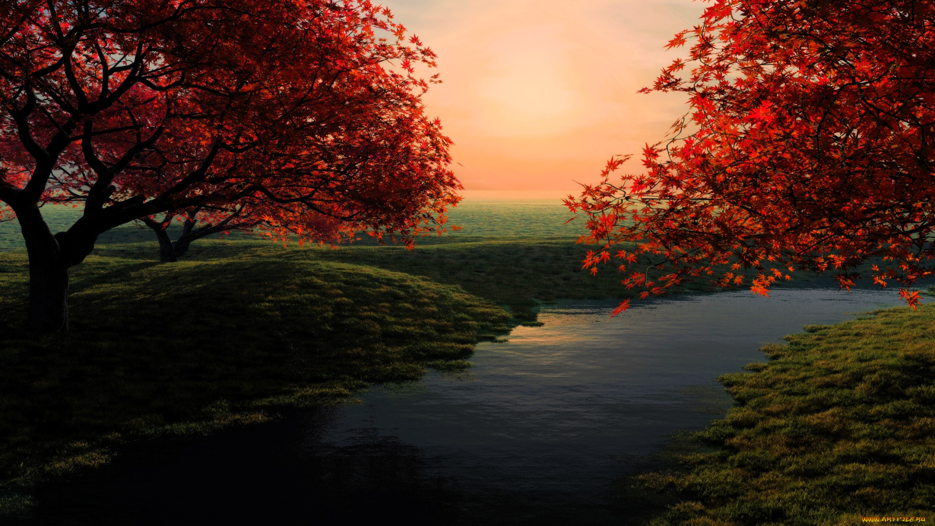 3д, графика, природа, , nature, деревья, луга, река