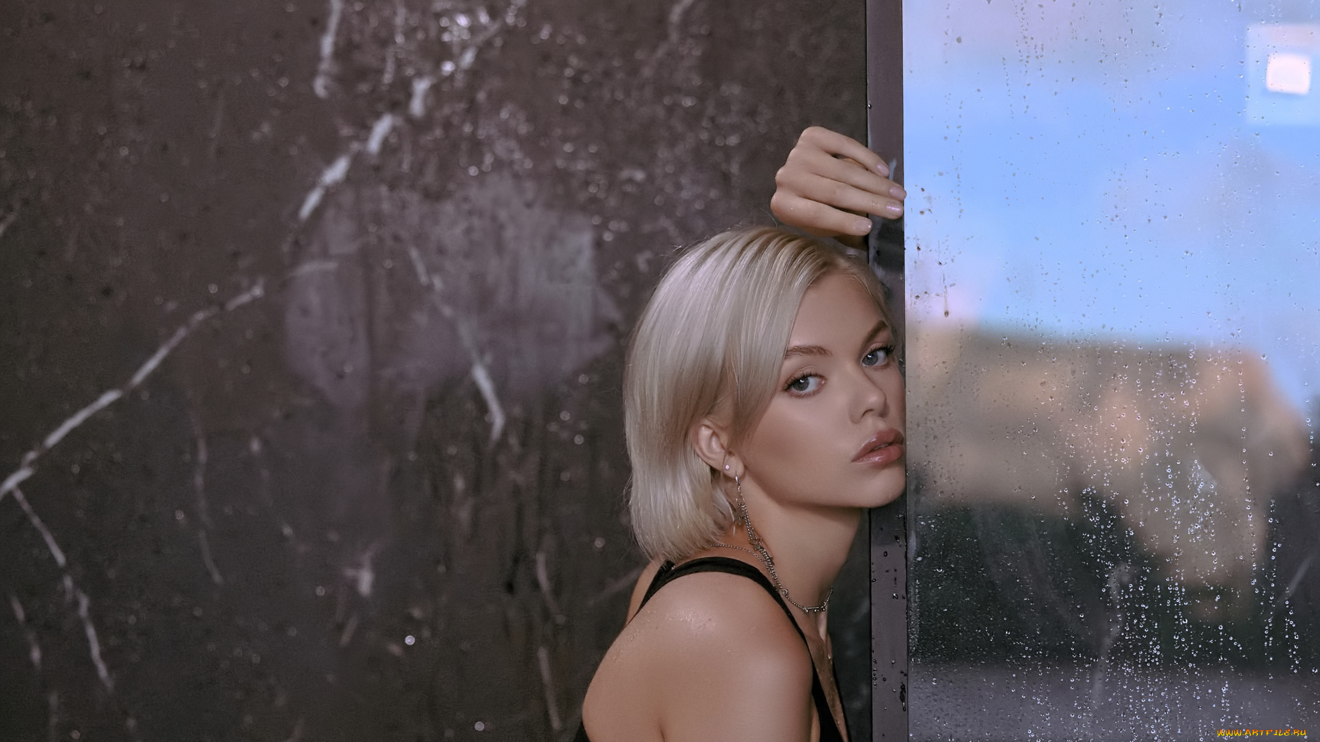девушки, -, лица, , портреты, блондинка, лицо, топ, окно, дождь