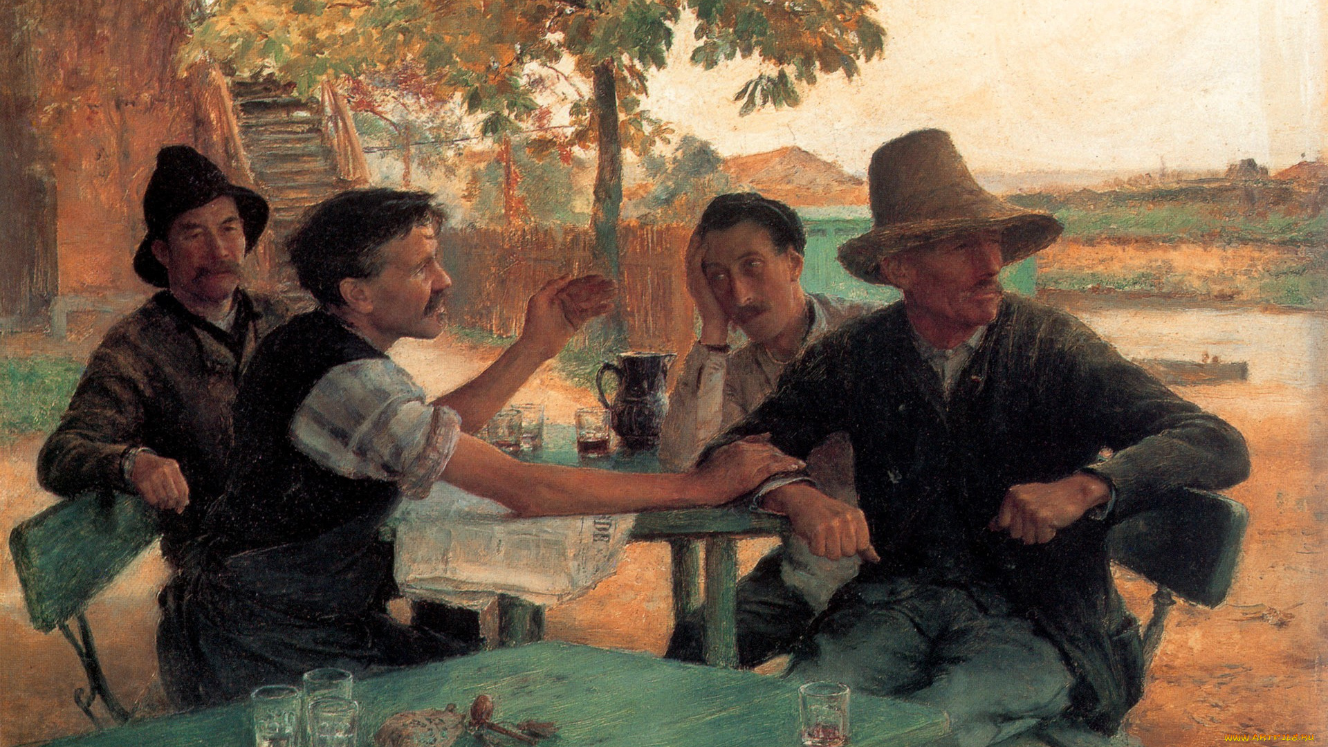 emilie, friant, рисованное, живопись, люди, стол, газета, стаканы, деревья, здание