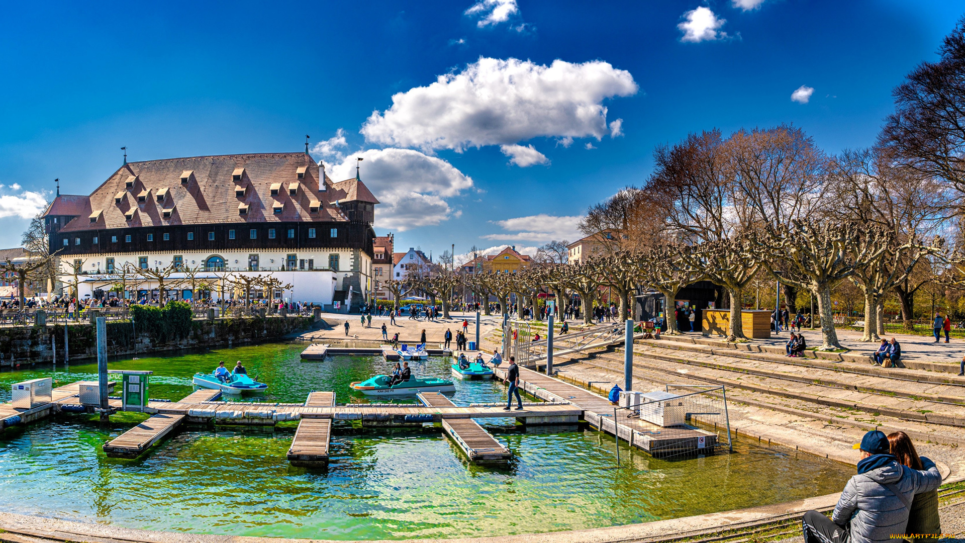 констанц, , германия, города, -, улицы, , площади, , набережные, германия, парк, люди, дома, деревья, пруд