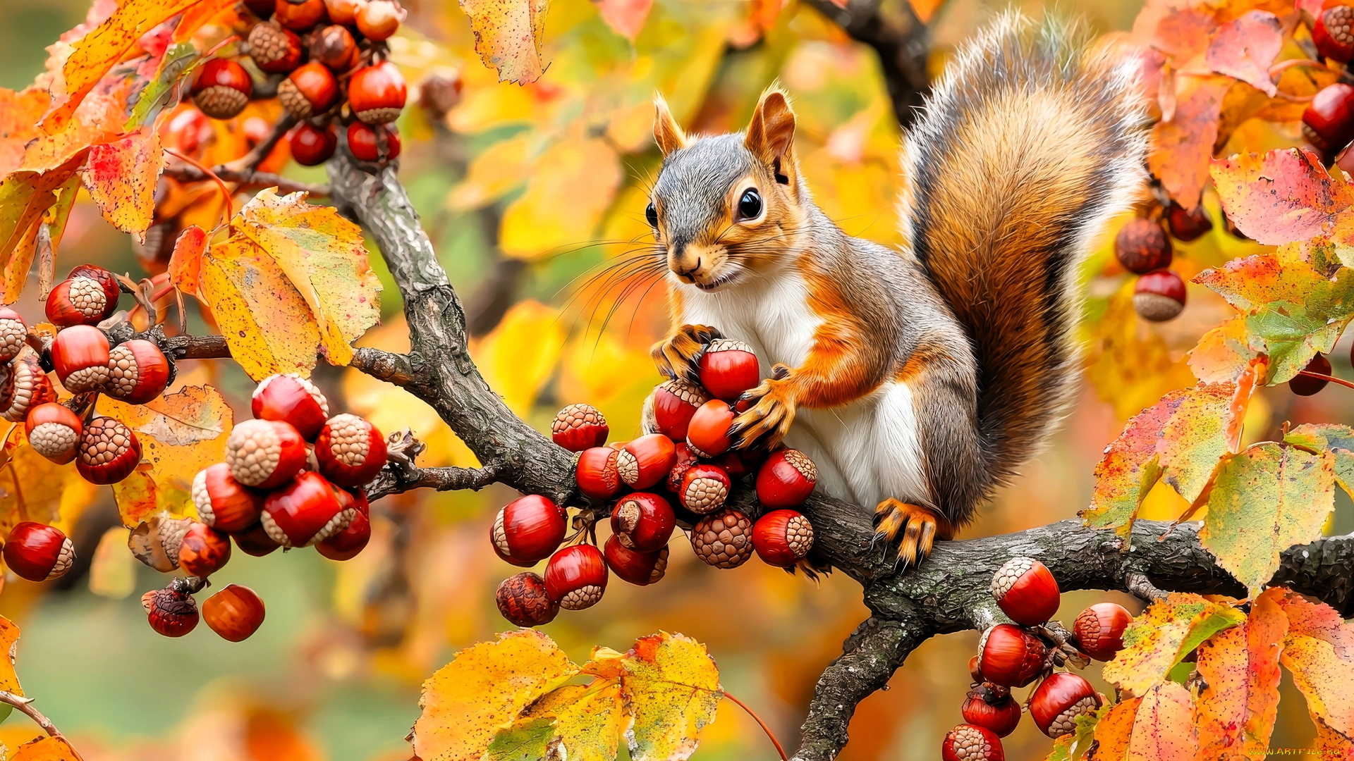 разное, компьютерный, дизайн, белка, дерево, ветка, орехи, осень