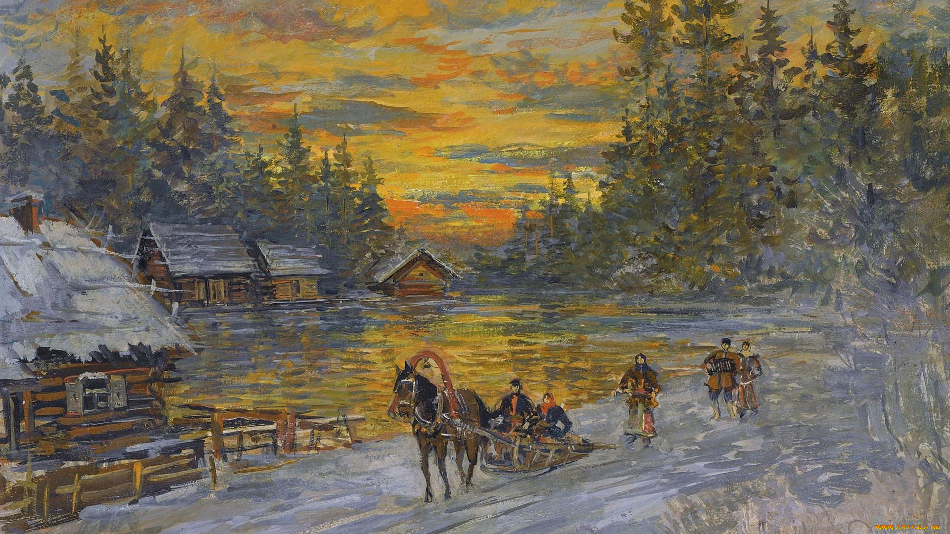 тройка, на, закате, константин, алексеевич, коровин, рисованное, живопись, пейзаж