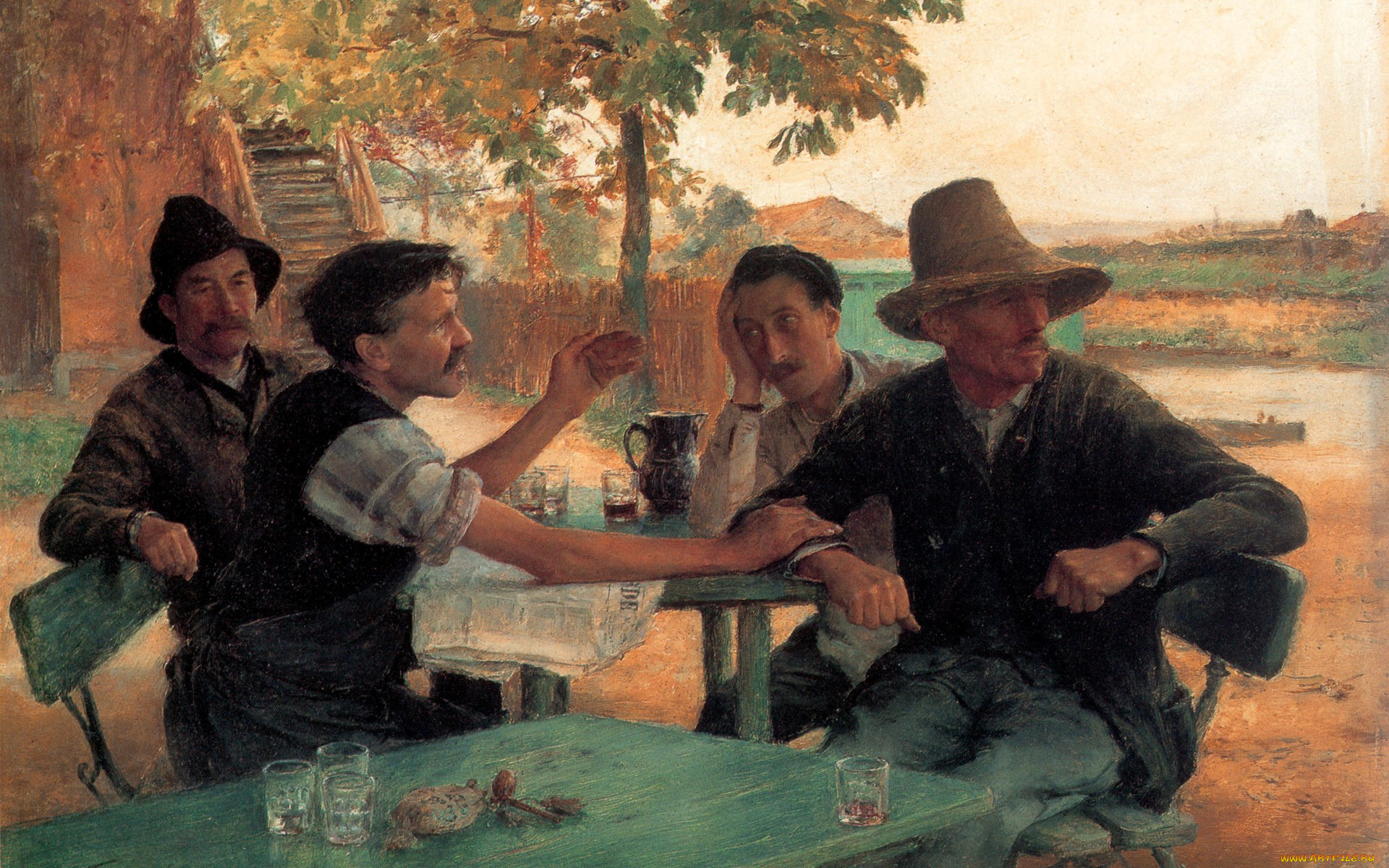 emilie, friant, рисованное, живопись, люди, стол, газета, стаканы, деревья, здание