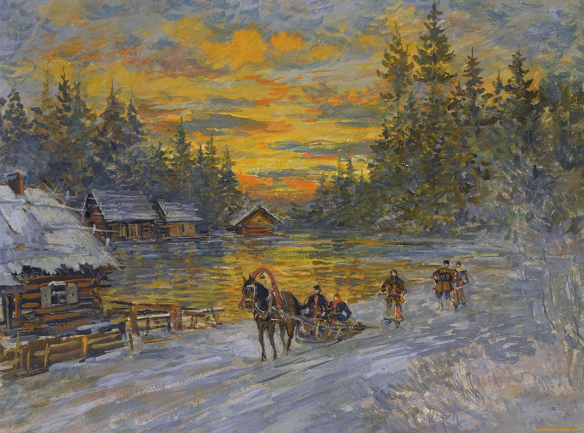 тройка, на, закате, константин, алексеевич, коровин, рисованное, живопись, пейзаж