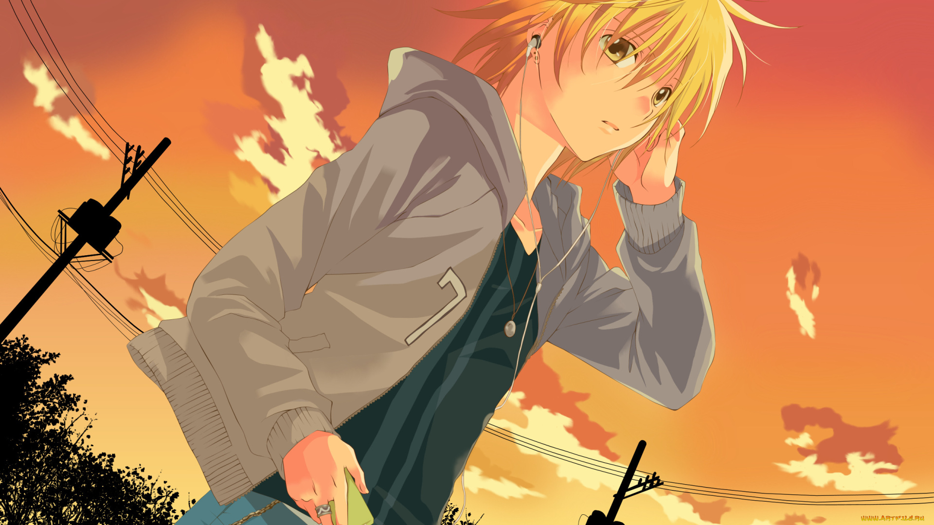 аниме, spiral, парень, наушники, плеер, закат, город, небо, провода