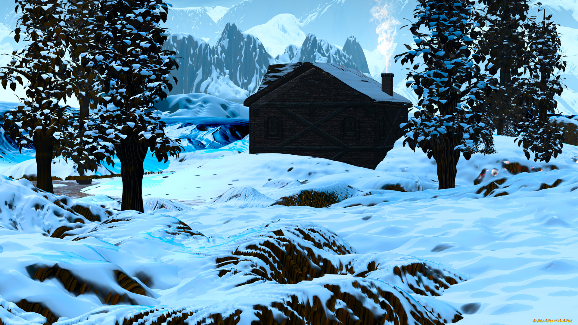3д, графика, nature, landscape, природа, снег, деревья, горы, дом