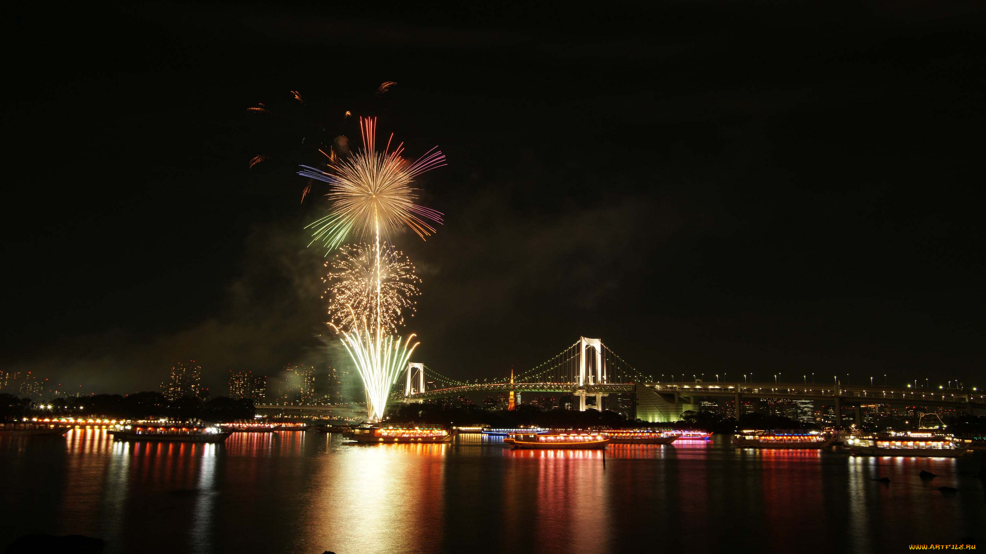 разное, салюты, фейерверки, мост, река, вечер