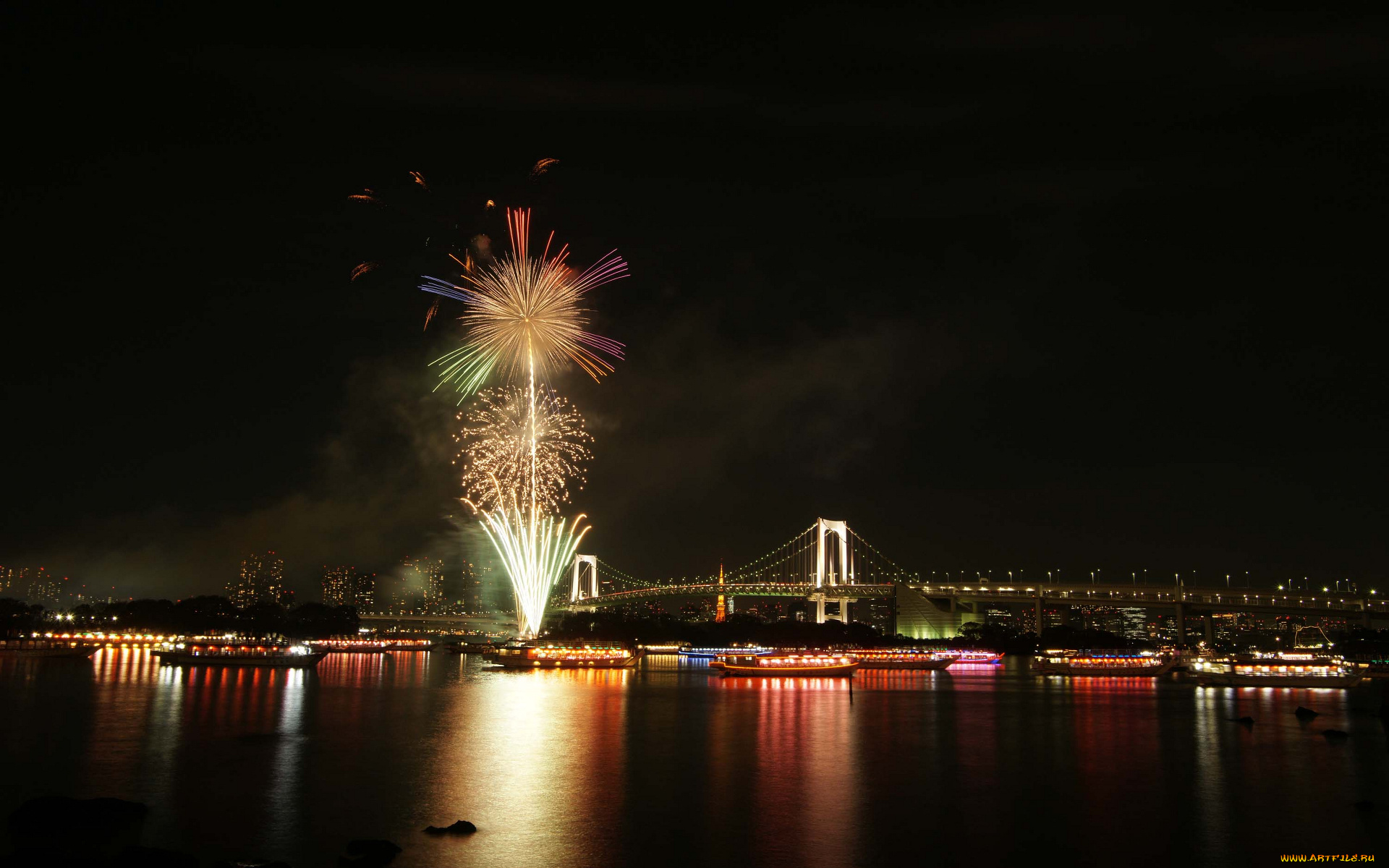 разное, салюты, фейерверки, мост, река, вечер
