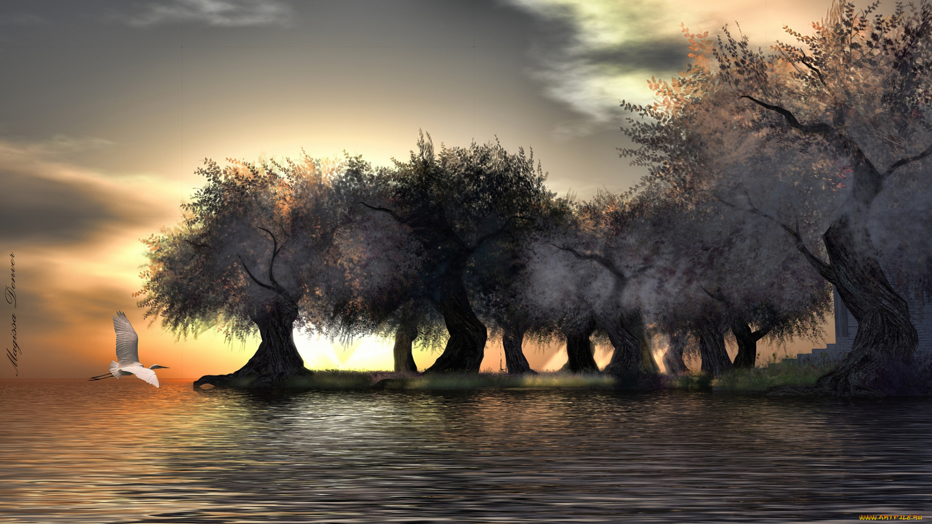 3д, графика, nature, landscape, природа, деревья, река, цапля