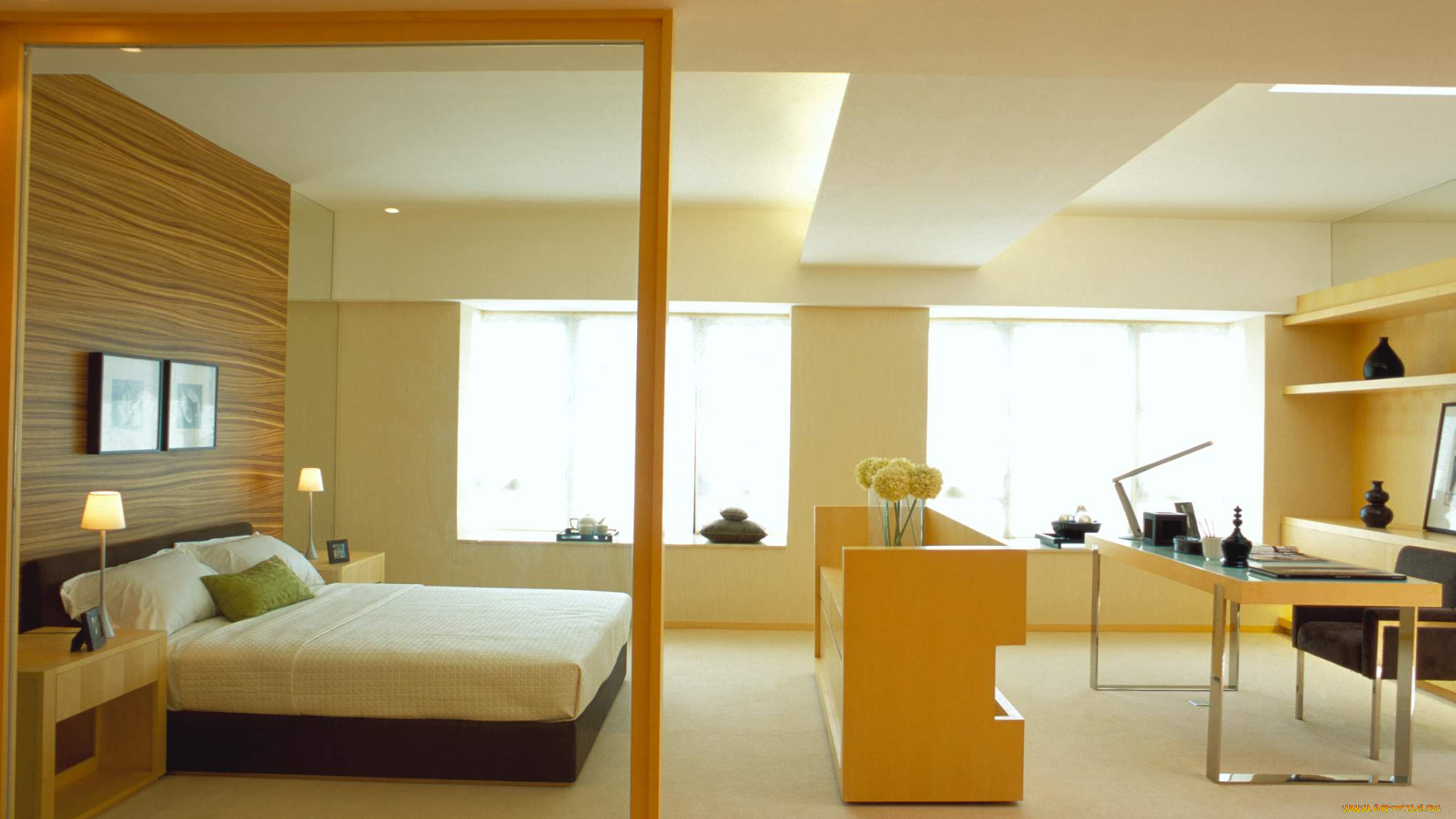 интерьер, спальня, кровать, подушка, светильник