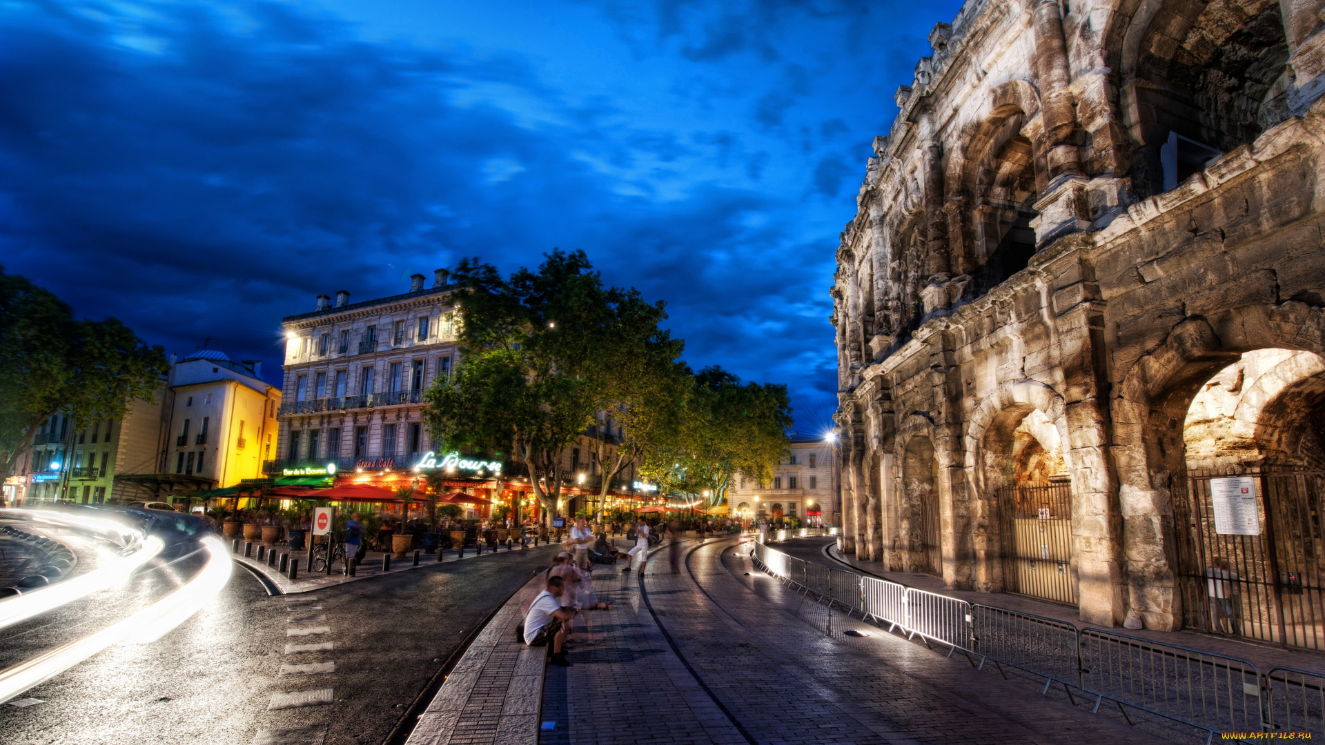 nimes, франция, города, улицы, площади, набережные, ночь, огни, дома