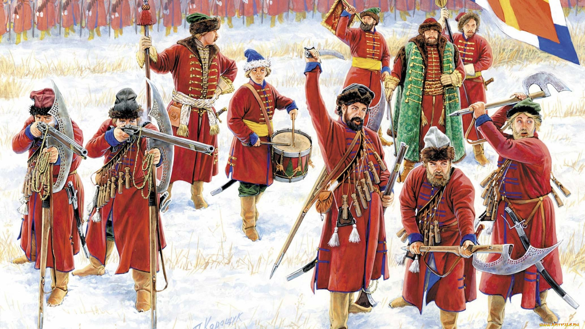рисованные, армия, россия, барабан, секиры, снег, стрельцы, оружие