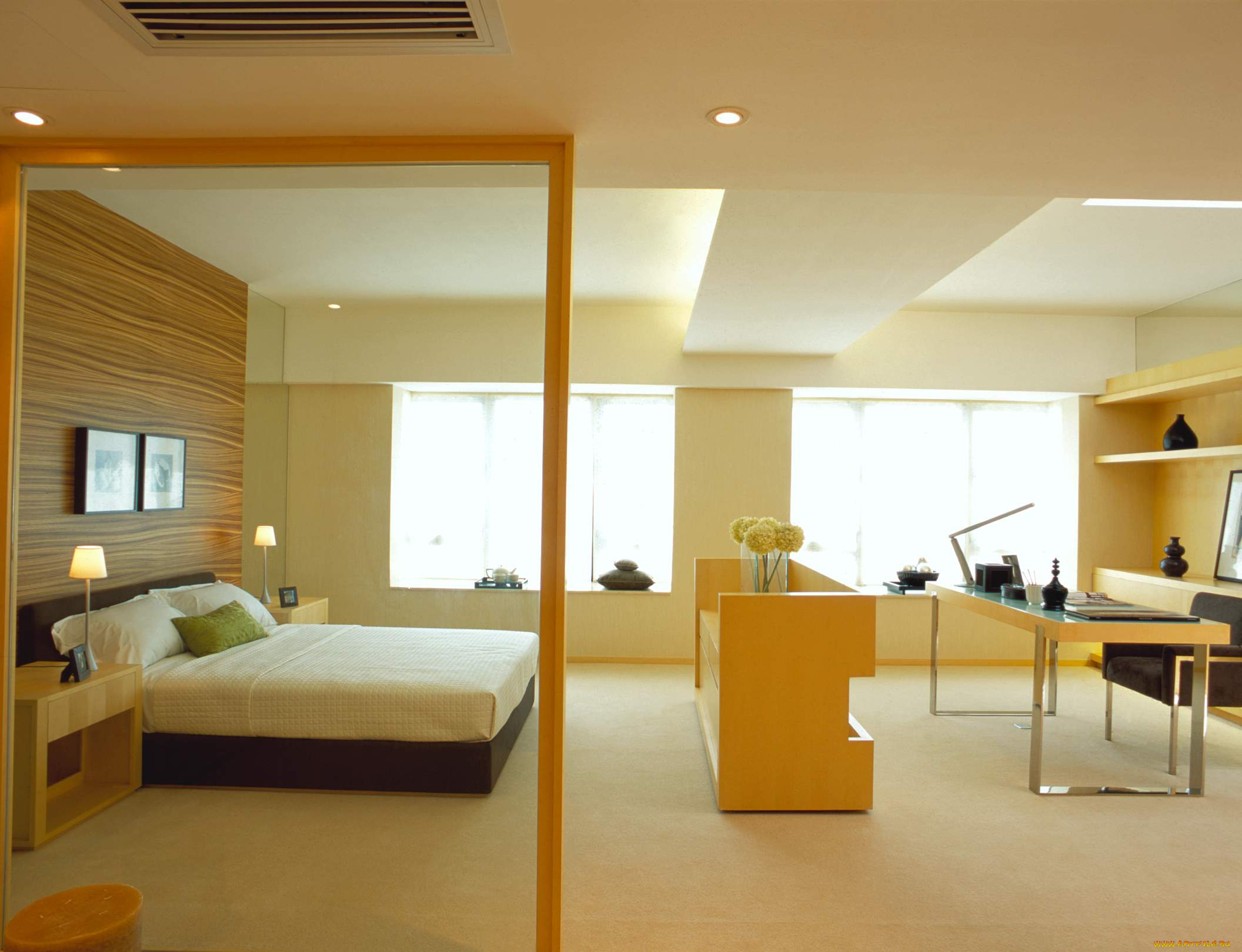 интерьер, спальня, кровать, подушка, светильник