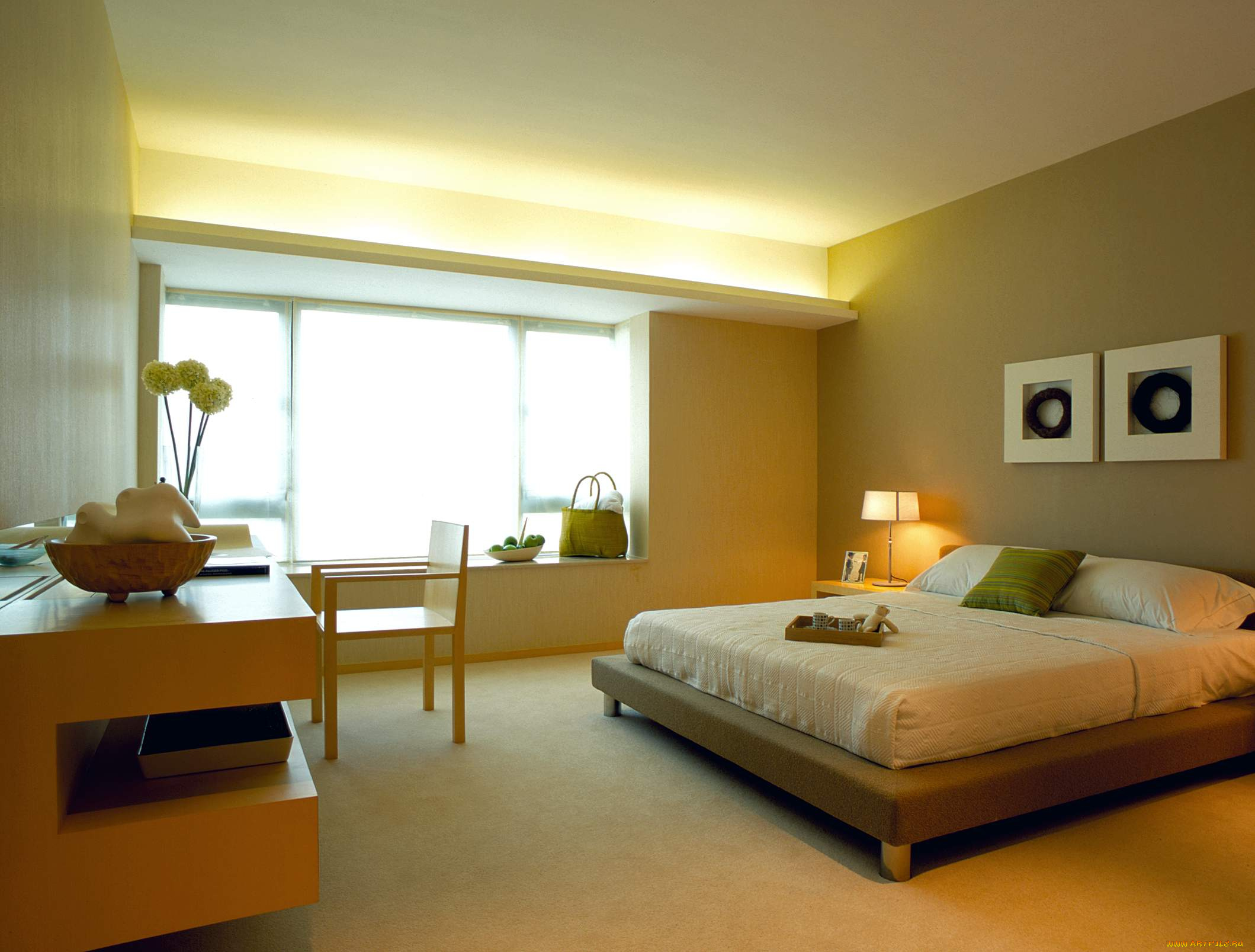 интерьер, спальня, подушка, кровать, светильник