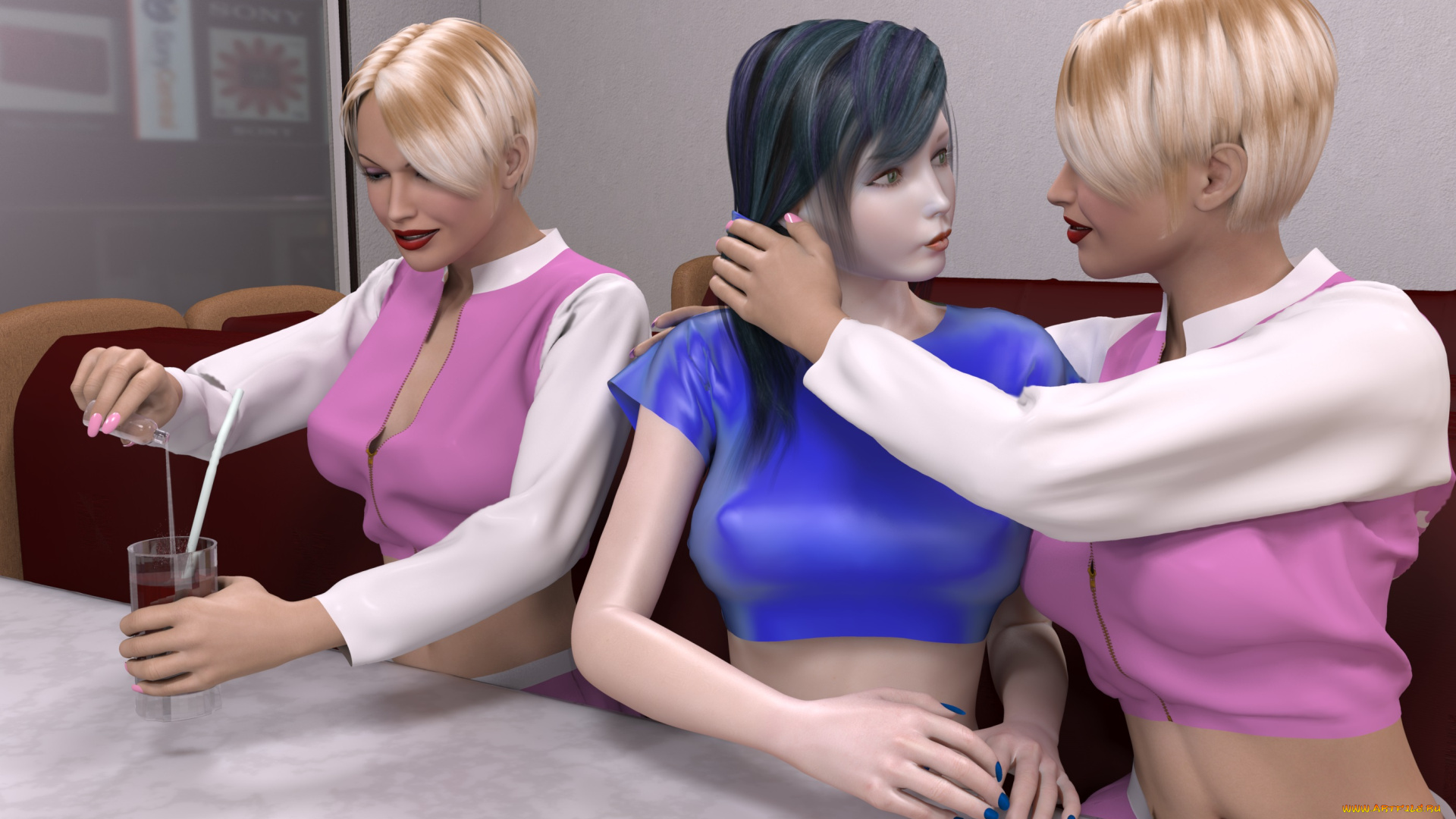 3д, графика, people, , люди, девушки, стол