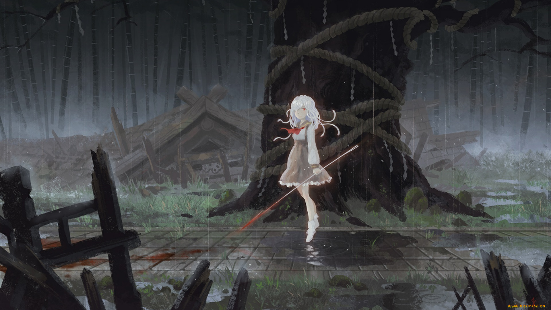 аниме, bakemonogatari, оружие, sengoku, nadeko, демон, девушка, руины, дождь, развалины, вода