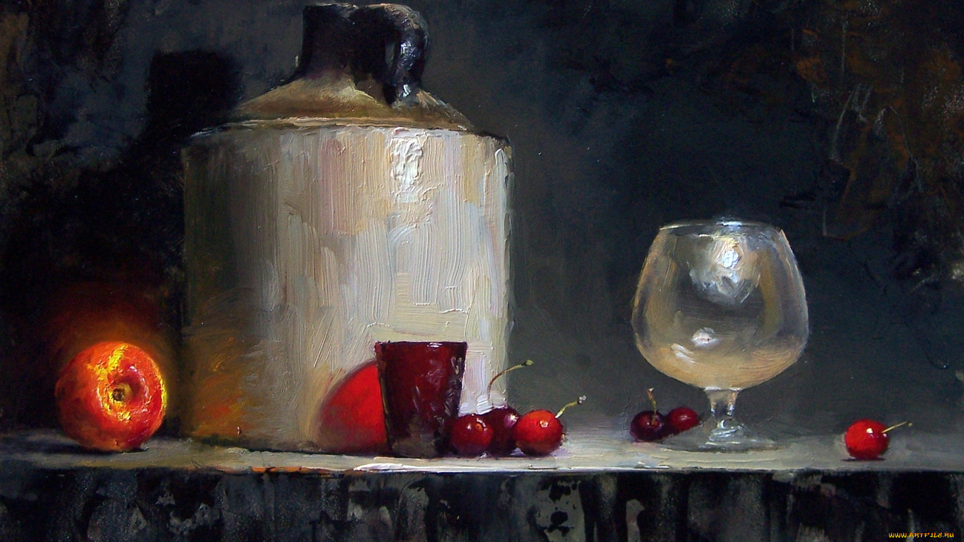 рисованные, david, cheifetz, свет, тень, стакан, фон, темный, бокал, ягоды, фрукты, стол, david, cheifetz, вишня, персик