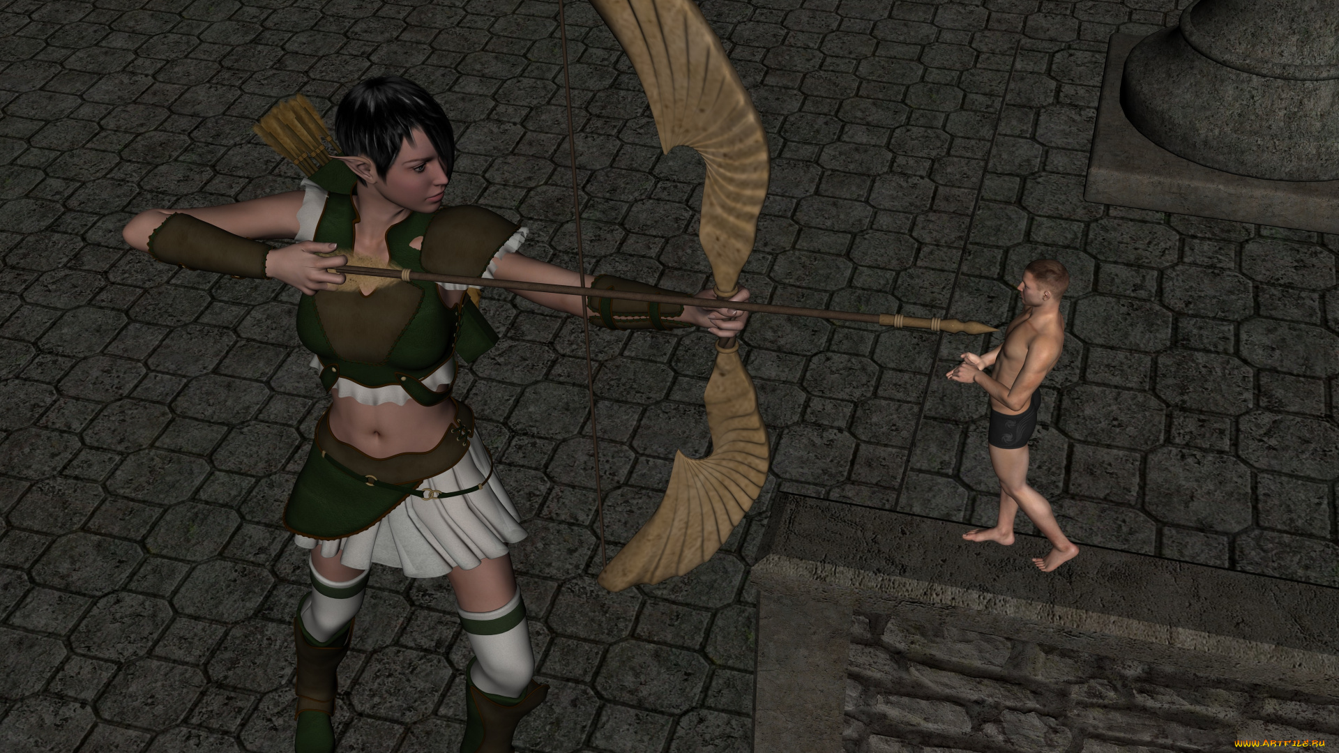 3д, графика, эльфы, , elves, оружие, фон, взгляд, эльфийка