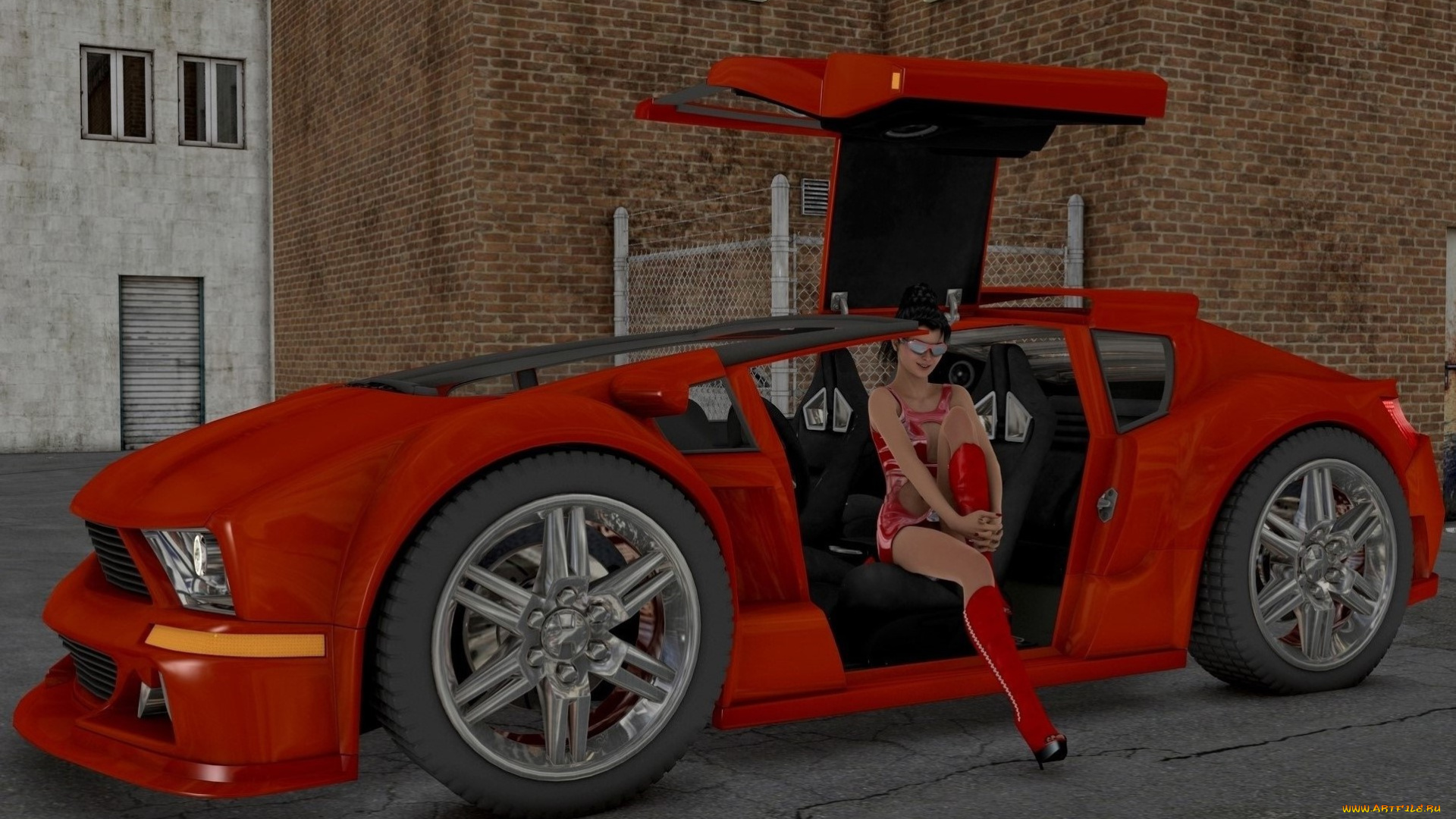 автомобили, 3d, car&girl, улыбка, автомобиль, взгляд, фон, девушка