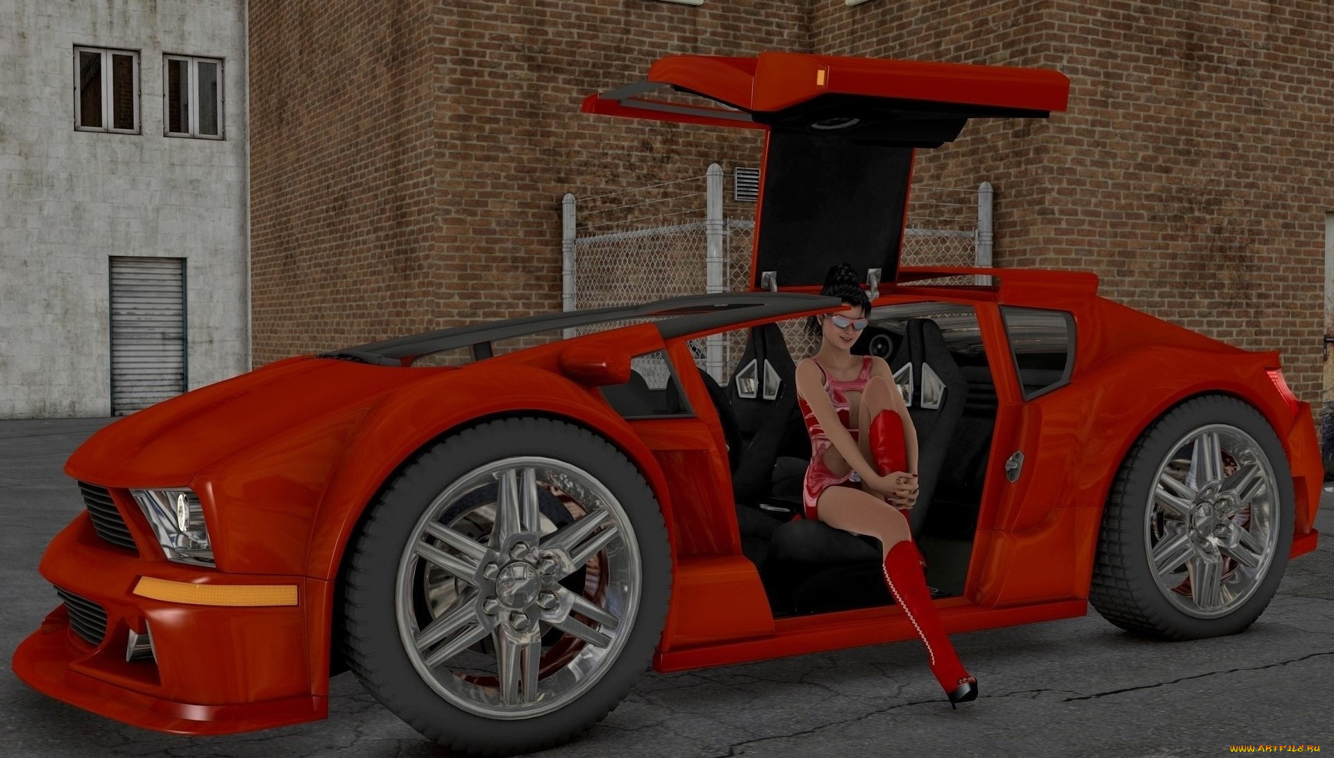 автомобили, 3d, car&girl, улыбка, автомобиль, взгляд, фон, девушка