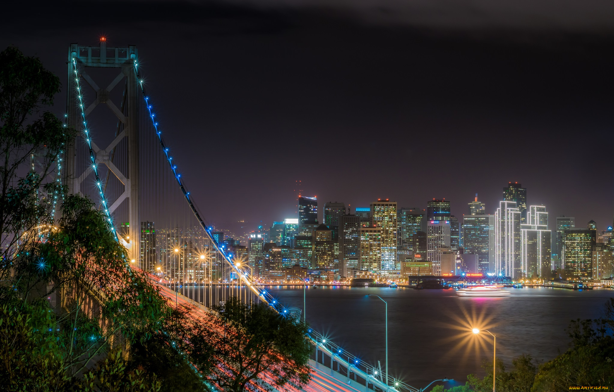 bay, bridge, and, san, francisco, skyline, города, сан-франциско, , сша, огни, мост, ночь