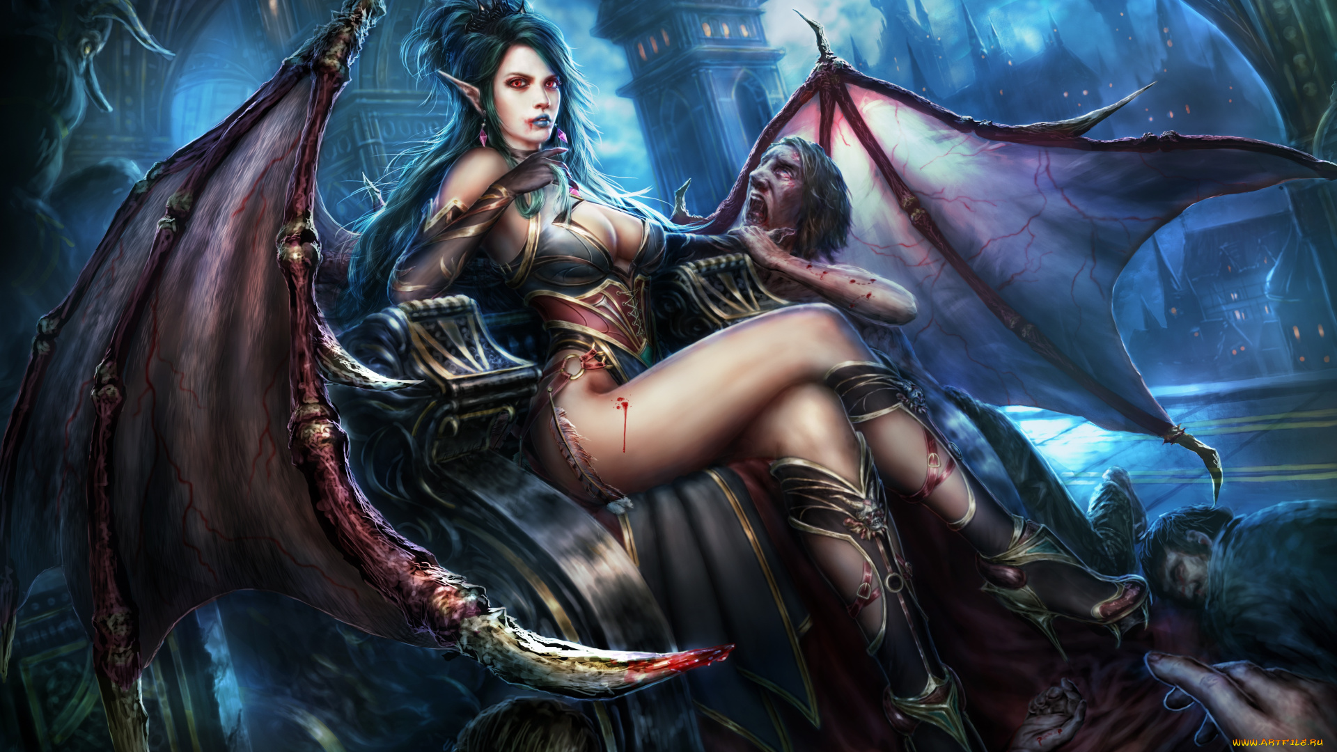 фэнтези, вампиры, ноги, ночь, вампир, девушка, крылья, succubus, грудь, чудовище, фантазия, уши, evelyn