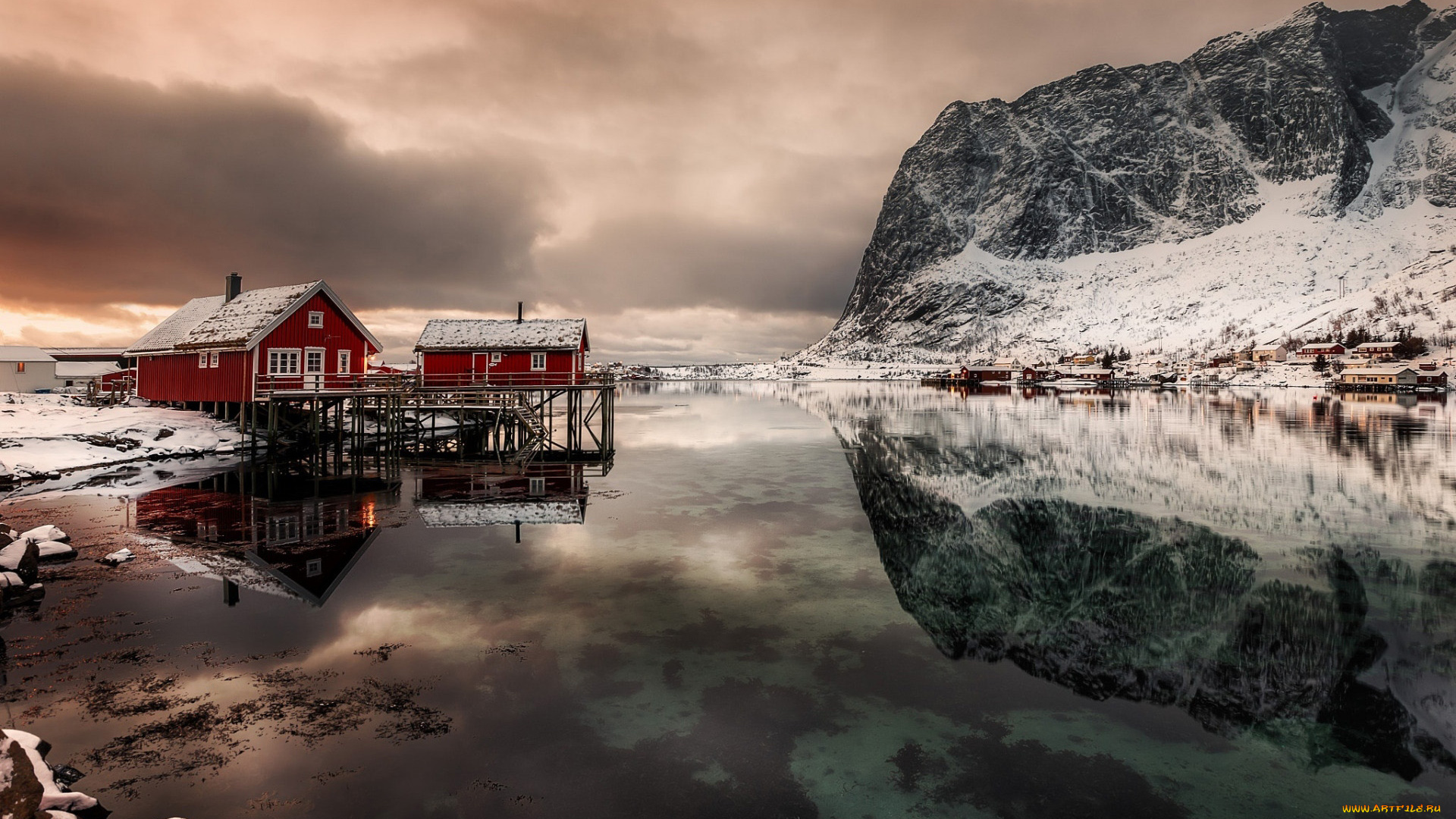 города, лофотенские, острова, , норвегия, зима, снег, дома
