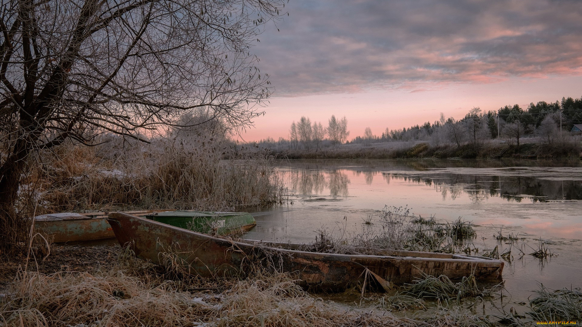 корабли, лодки, , шлюпки, река, иней