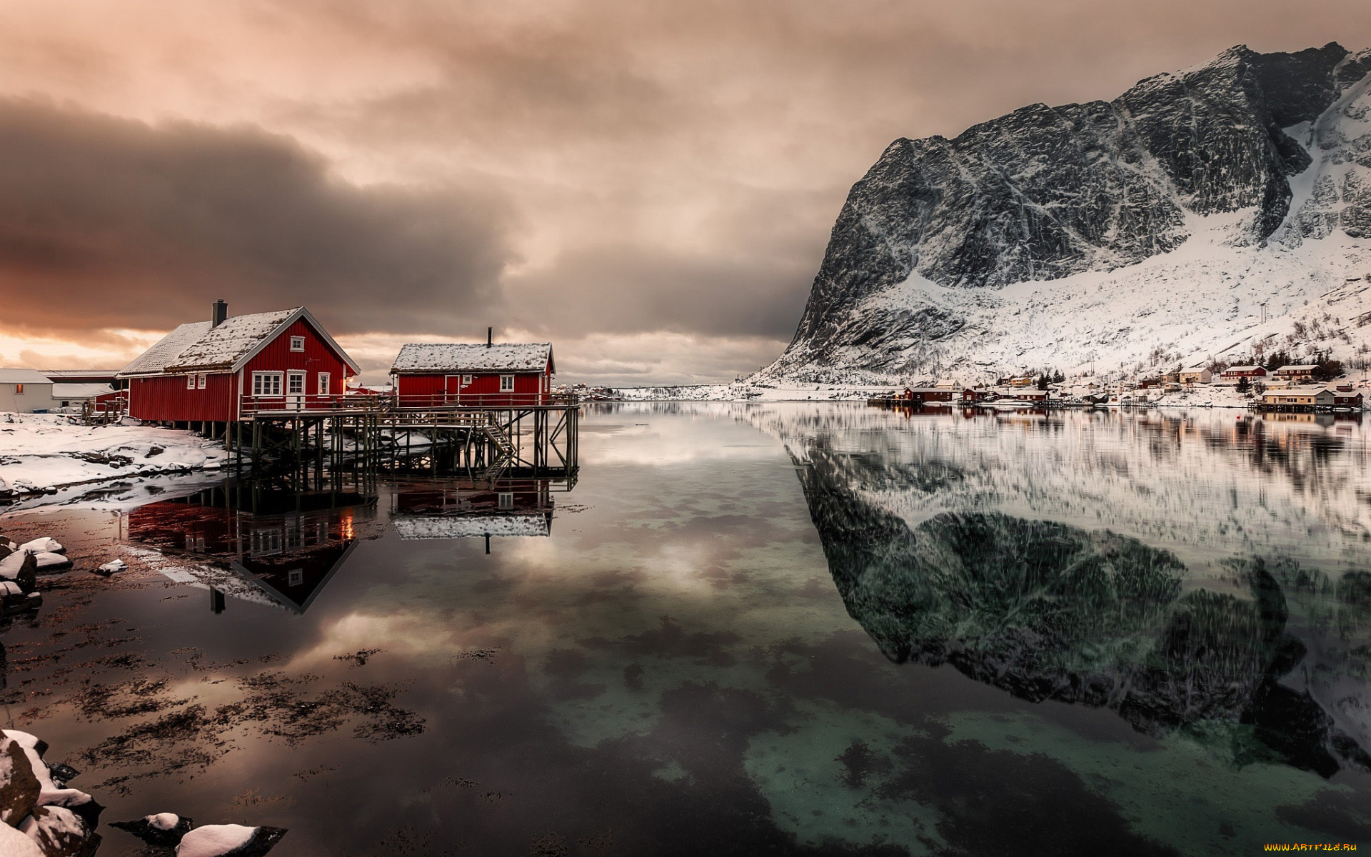 города, лофотенские, острова, , норвегия, зима, снег, дома