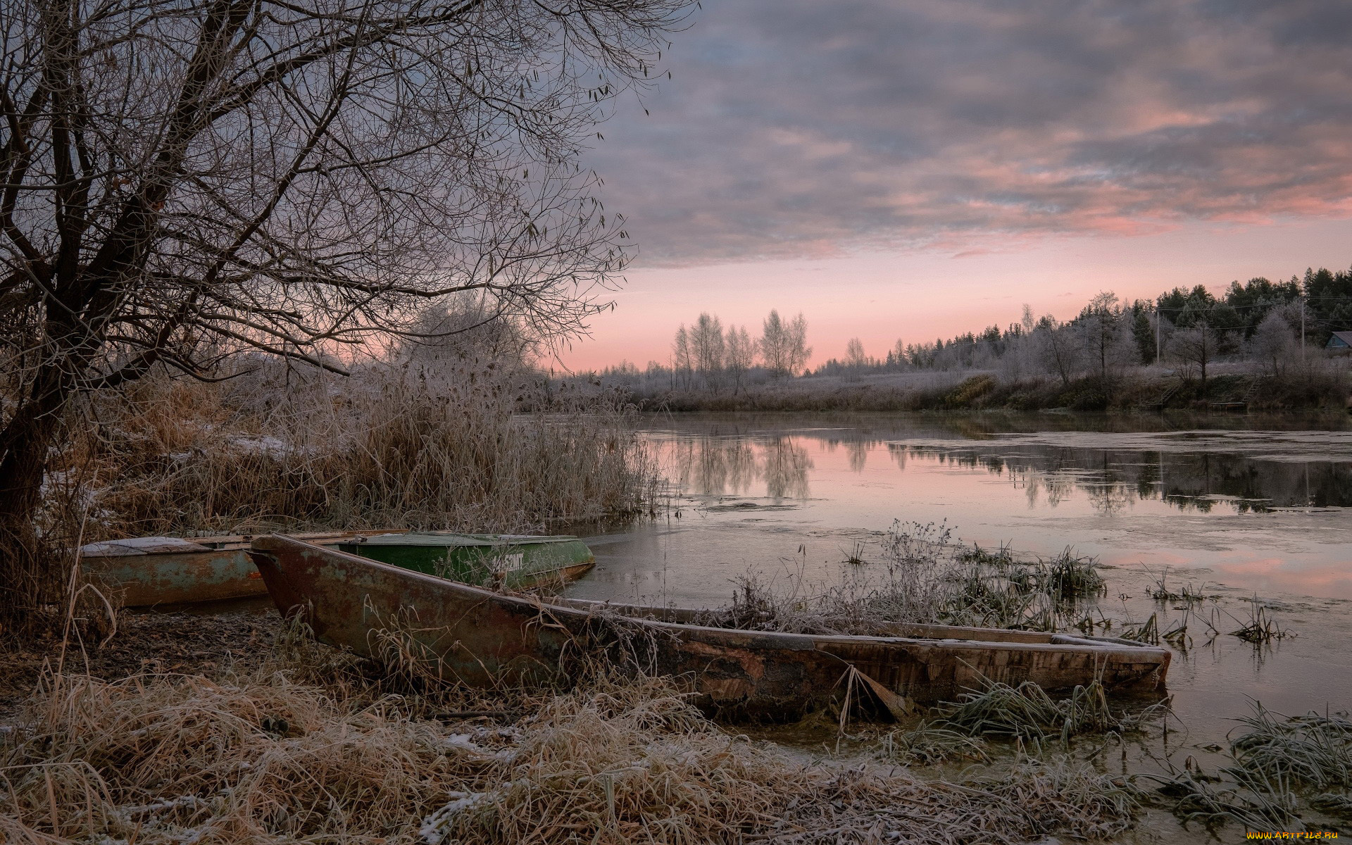 корабли, лодки, , шлюпки, река, иней