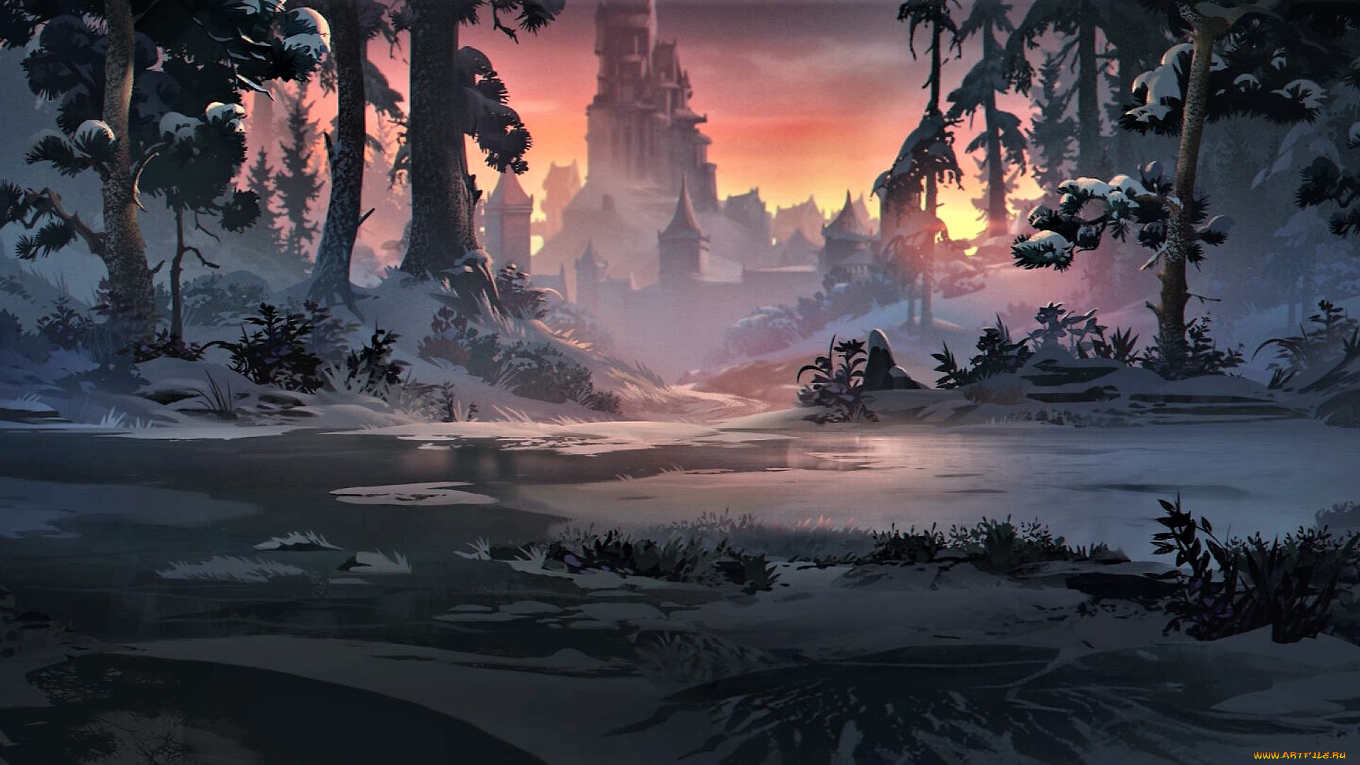 фэнтези, замки, лес, замок, снег, речка