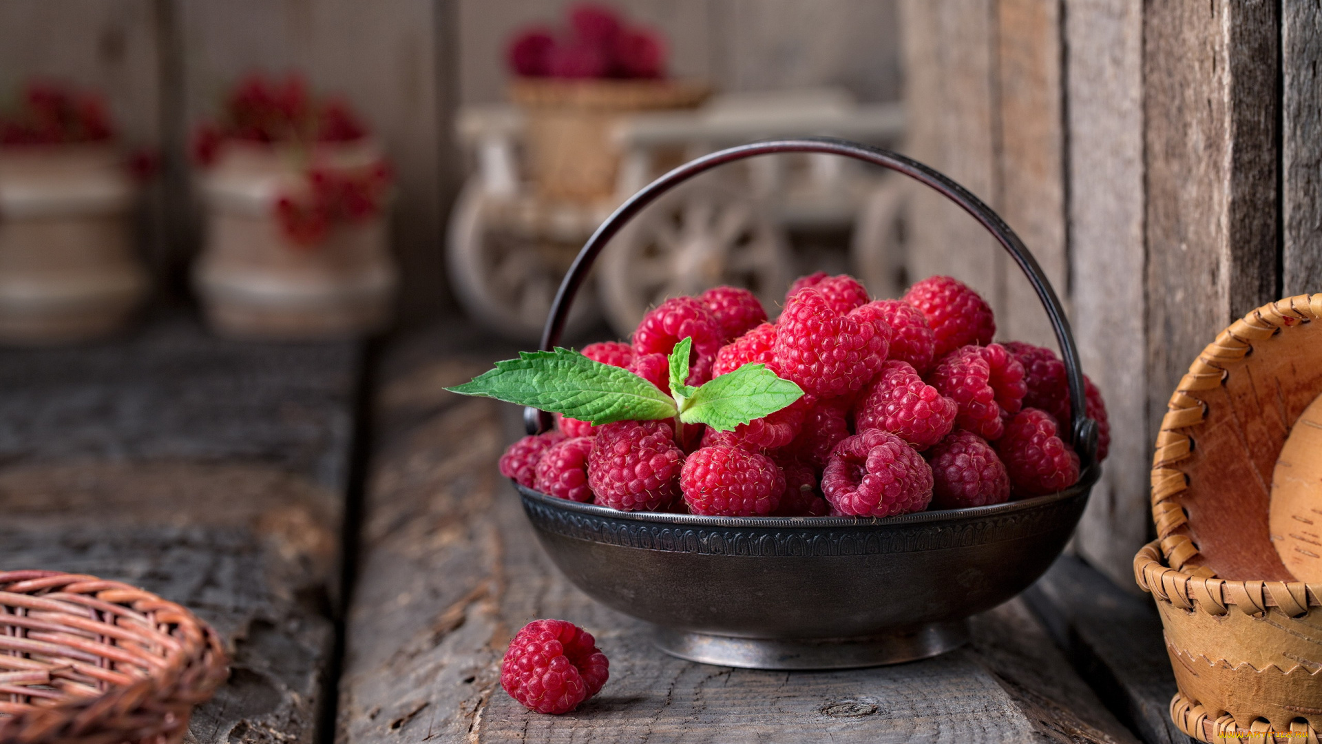 еда, малина, ваза, ягоды, мята