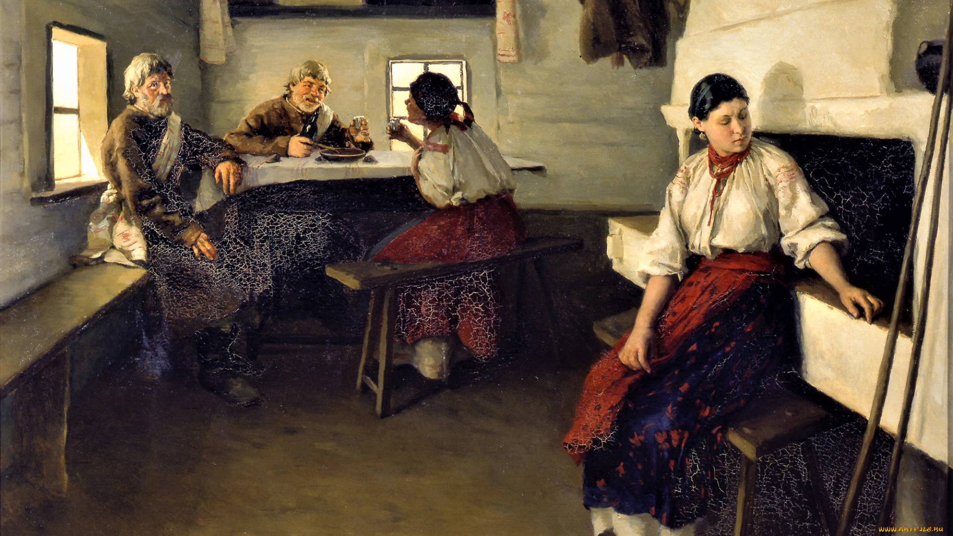 рисованное, николай, пимоненко, изба, сваты, девушка, печь