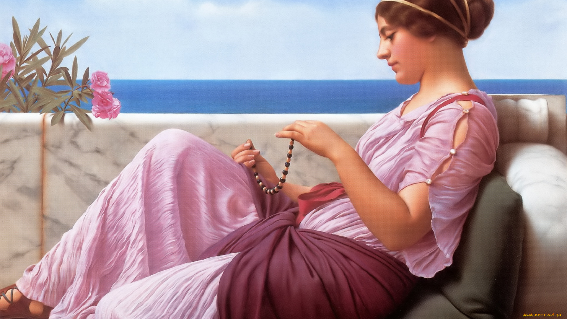 a, souvenir, рисованное, john, william, godward, женщина, бусы, подушка, мрамор