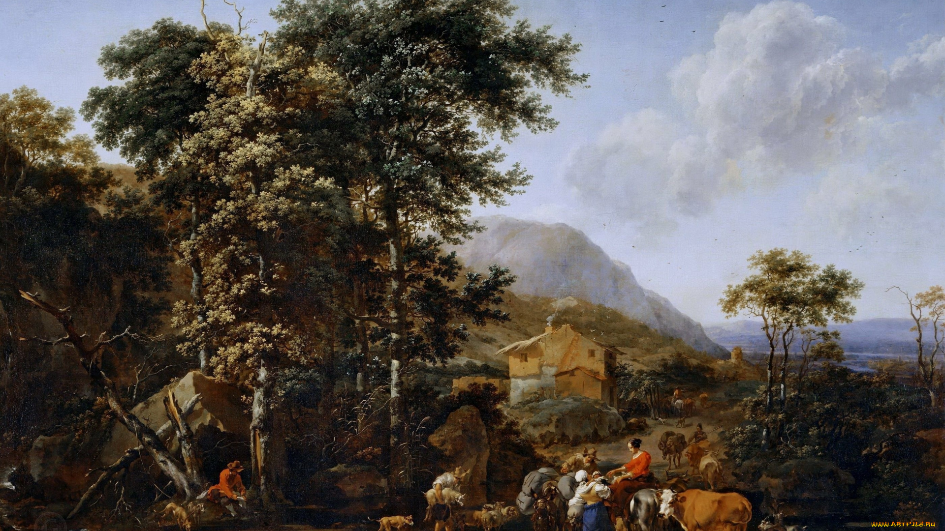 рисованное, живопись, николас, питерс, берхем, пейзаж, со, стадом, у, водопоя, 1653, musee, du, louvre, paris