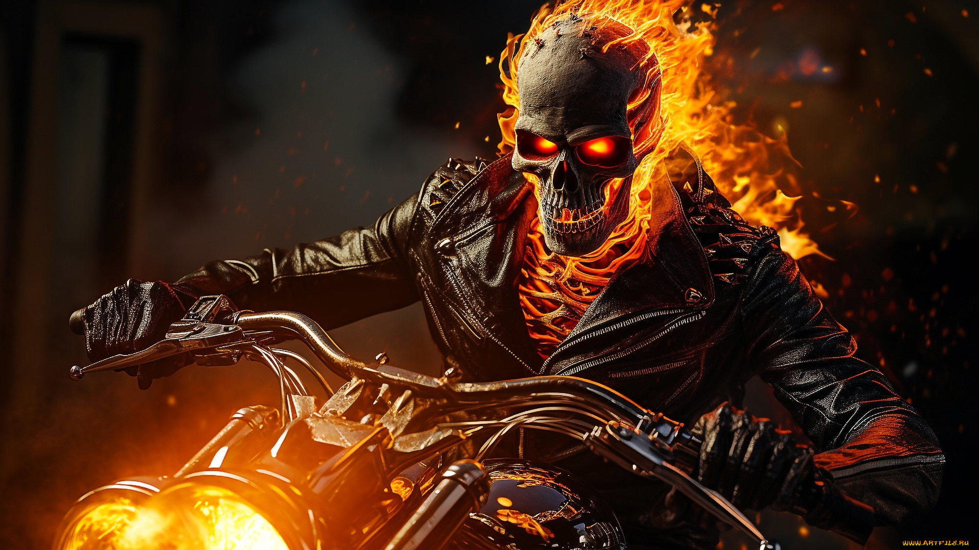 3д, графика, мультфильмы, , кино, , видео, игры, призрачный, гонщик, огонь, череп, куртка, мотоцикл, демон