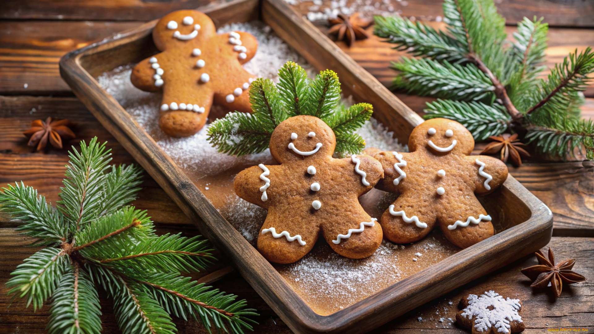 3д, графика, праздники, , holidays, еловые, ветки, пряничные, человечки