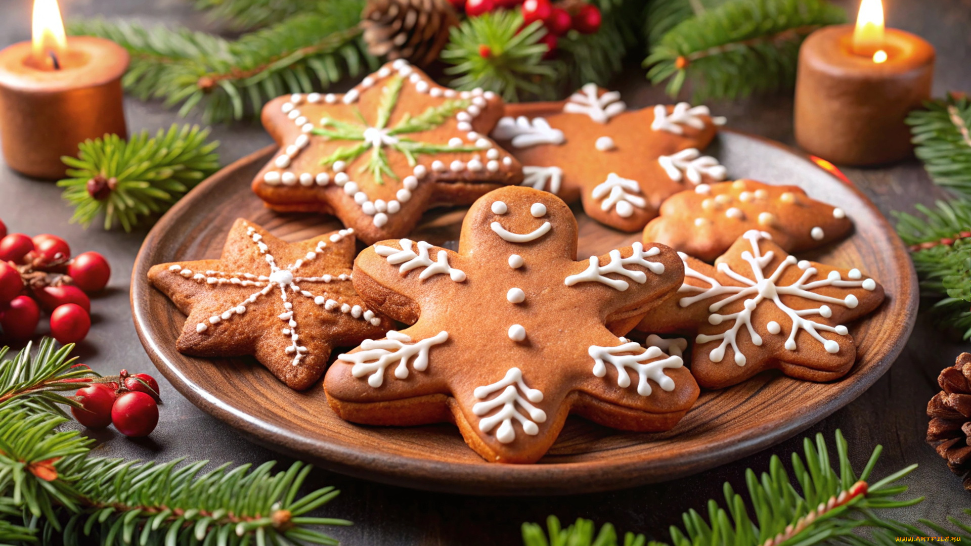 3д, графика, праздники, , holidays, свечи, еловые, ветки, пряники