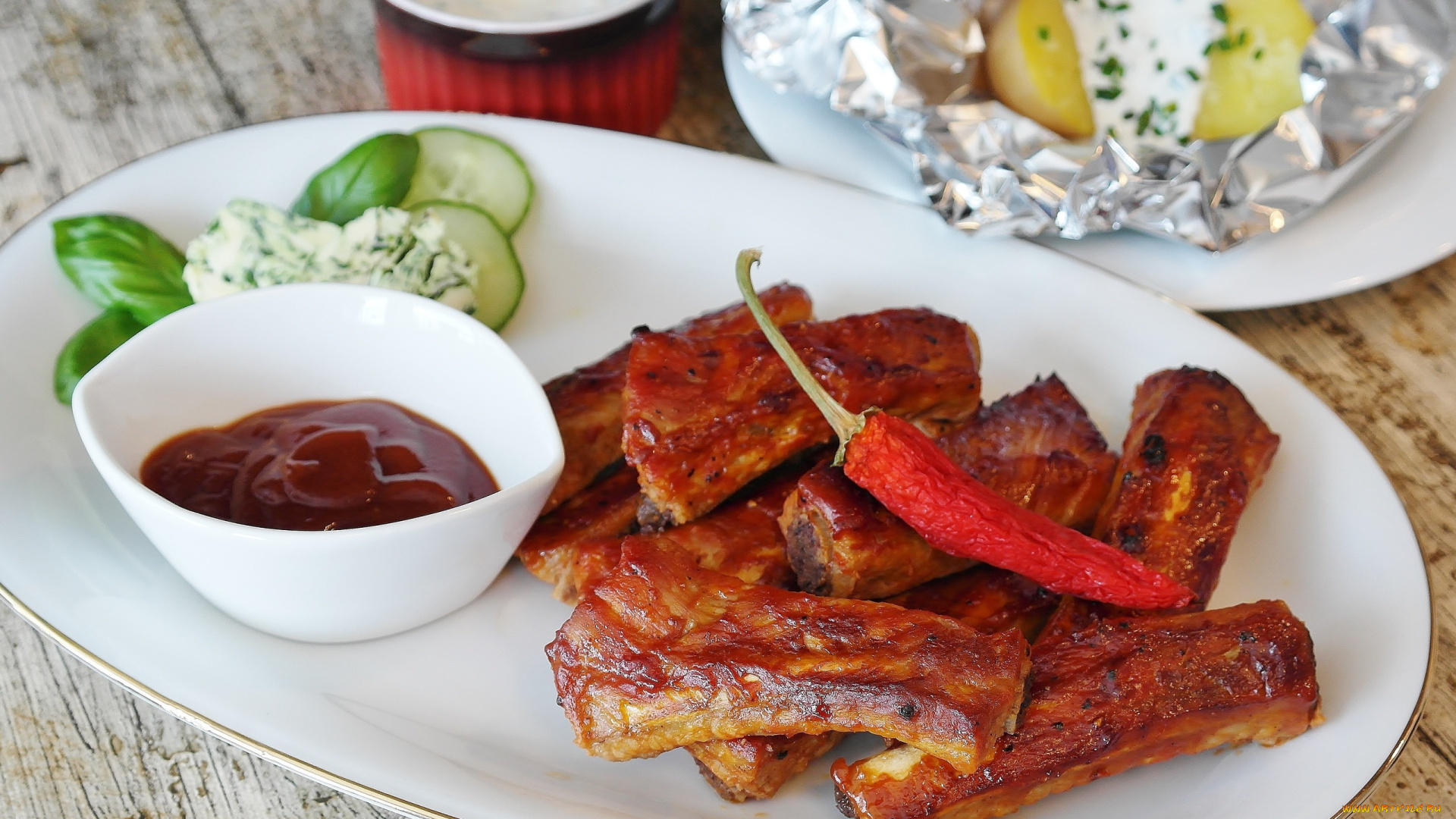 еда, мясные, блюда, кетчуп, перец, острый, жареные, ребрышки